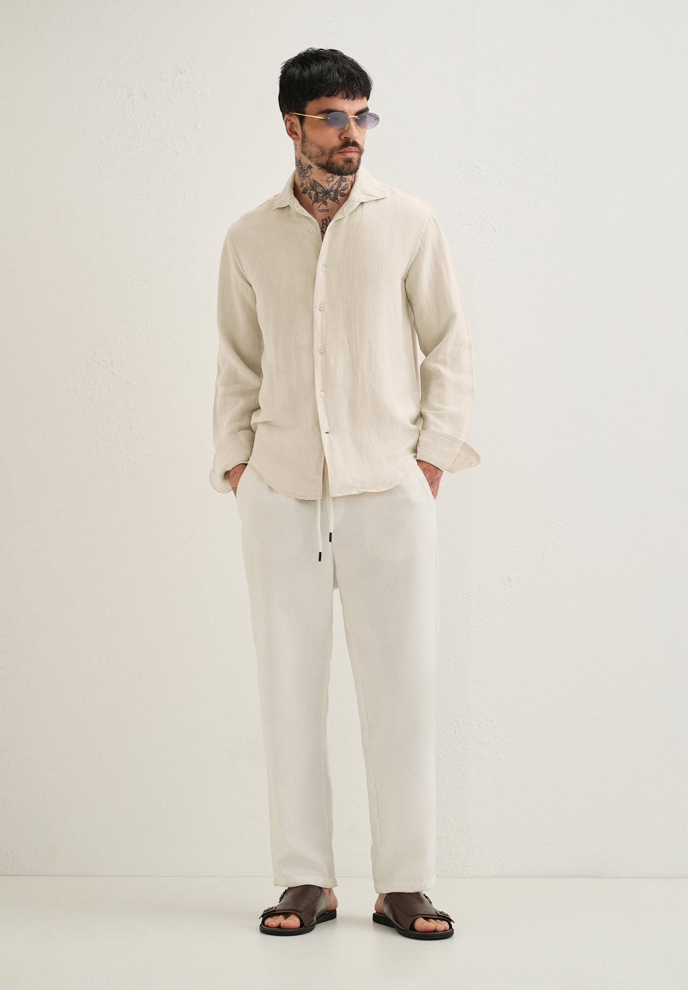 Ecru Plain Linen Viscose Shirt