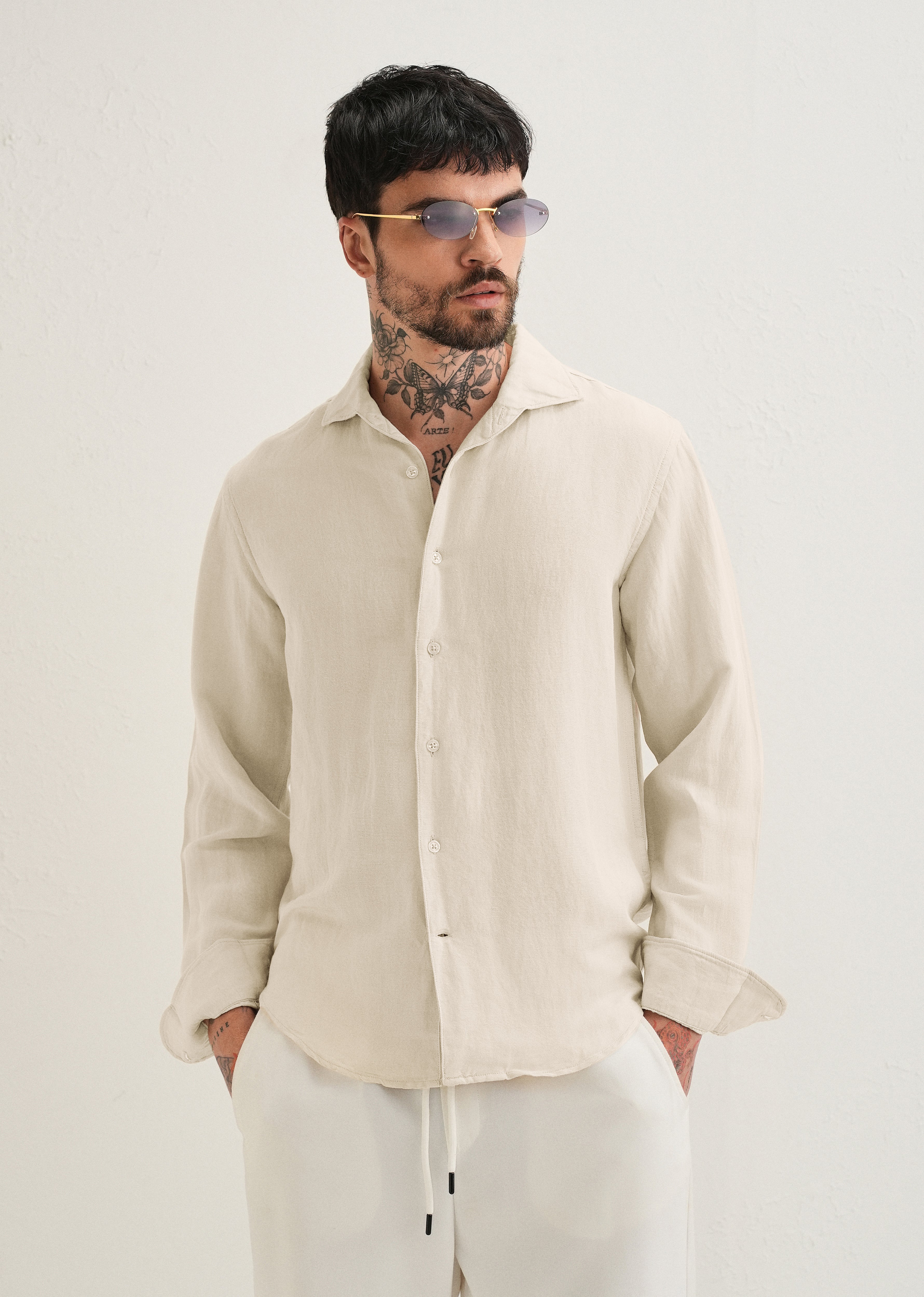 Ecru Plain Linen Viscose Shirt