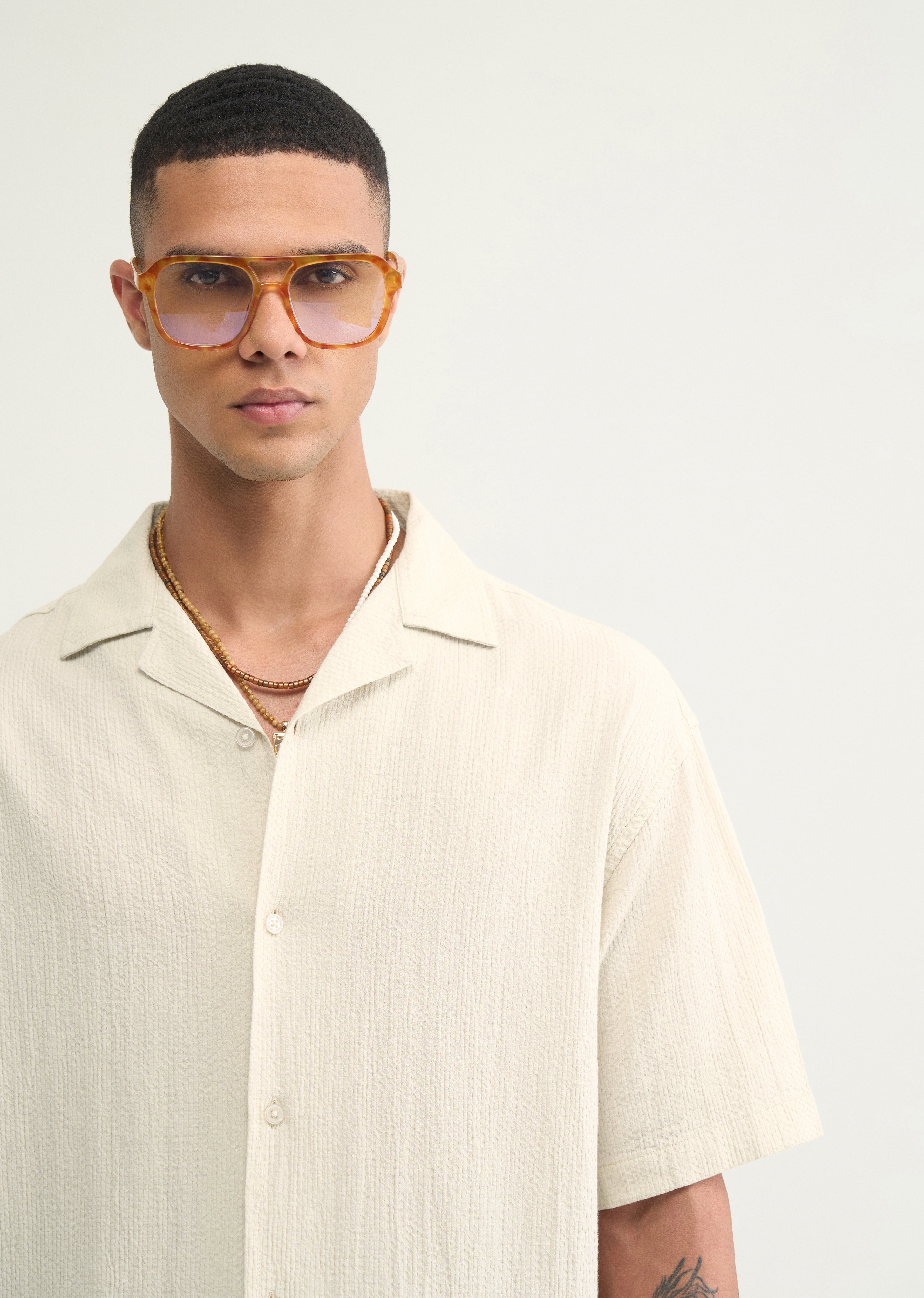 Ecru Self Patterned Boxy Shirt
