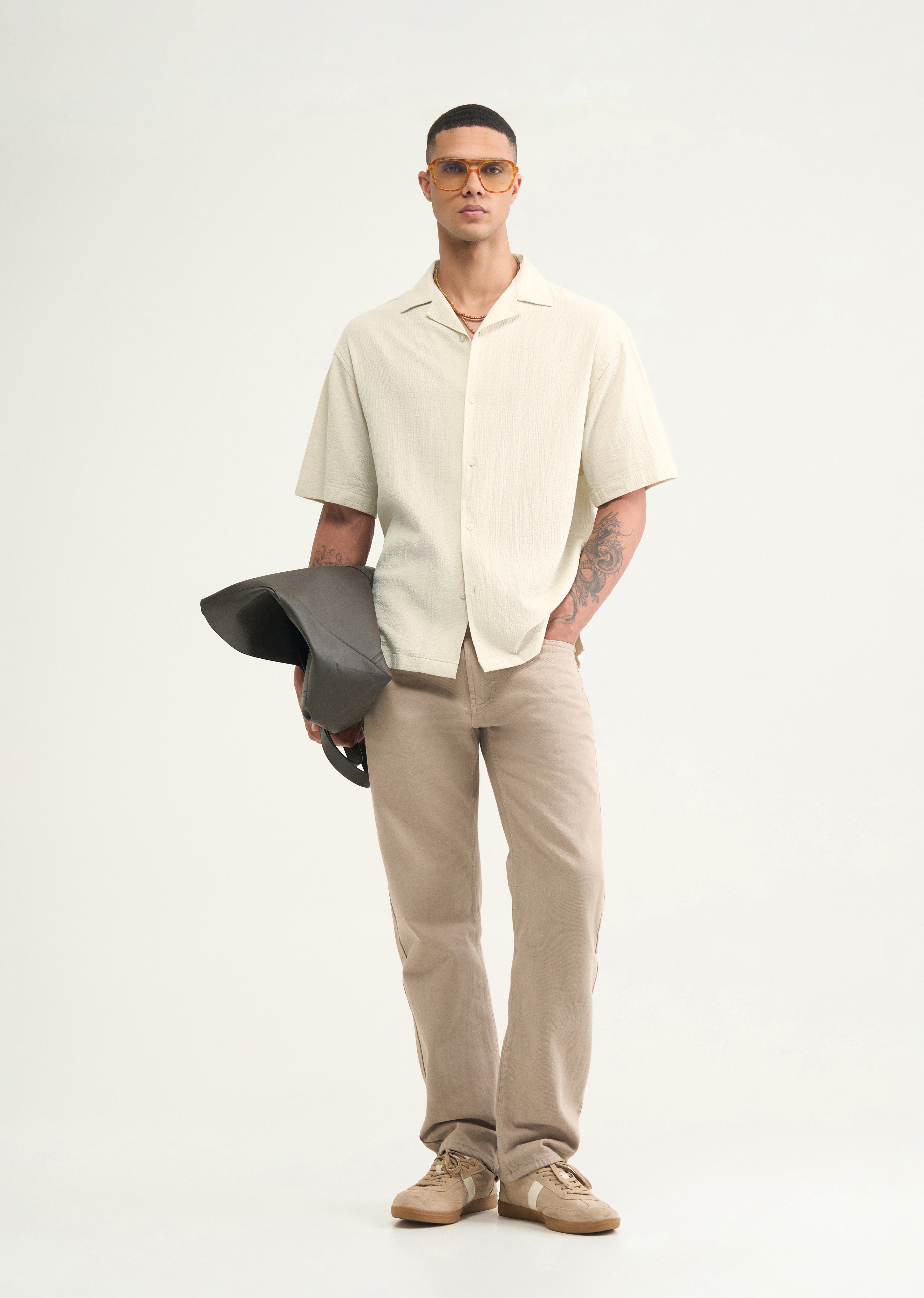 Ecru Self Patterned Boxy Shirt