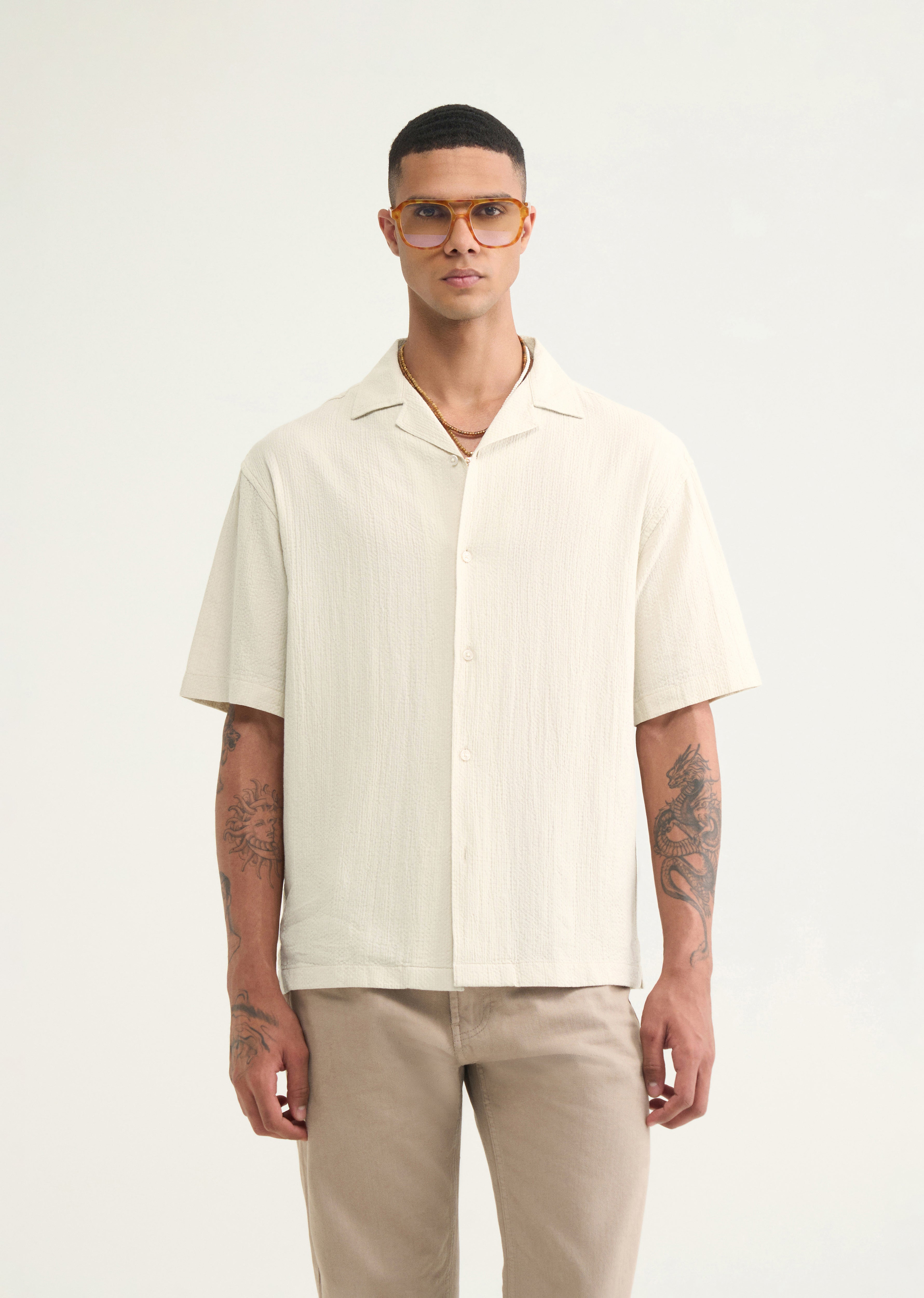 Ecru Self Patterned Boxy Shirt