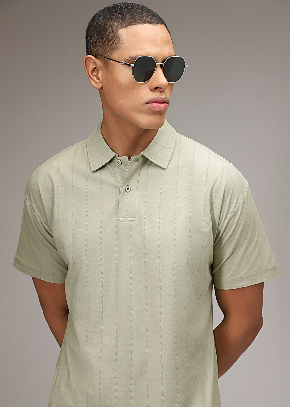 Ecru Striped Drop Shoulder Polo T-shirt