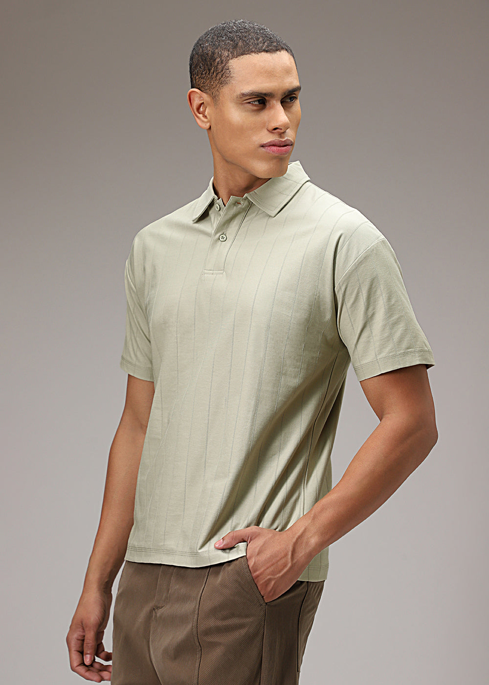 Ecru Striped Drop Shoulder Polo T-shirt