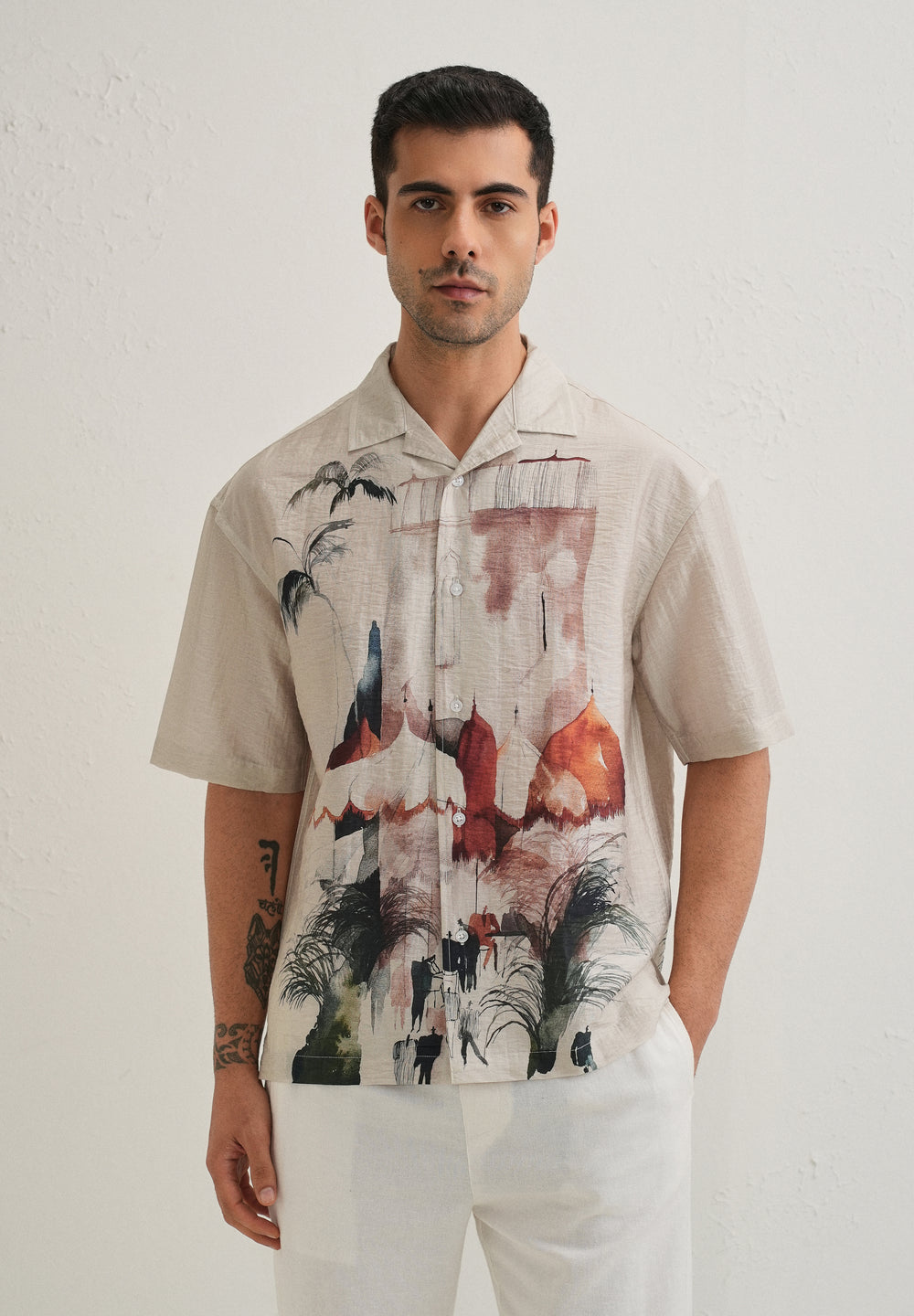 Ecru Wash Placement Print Shirt