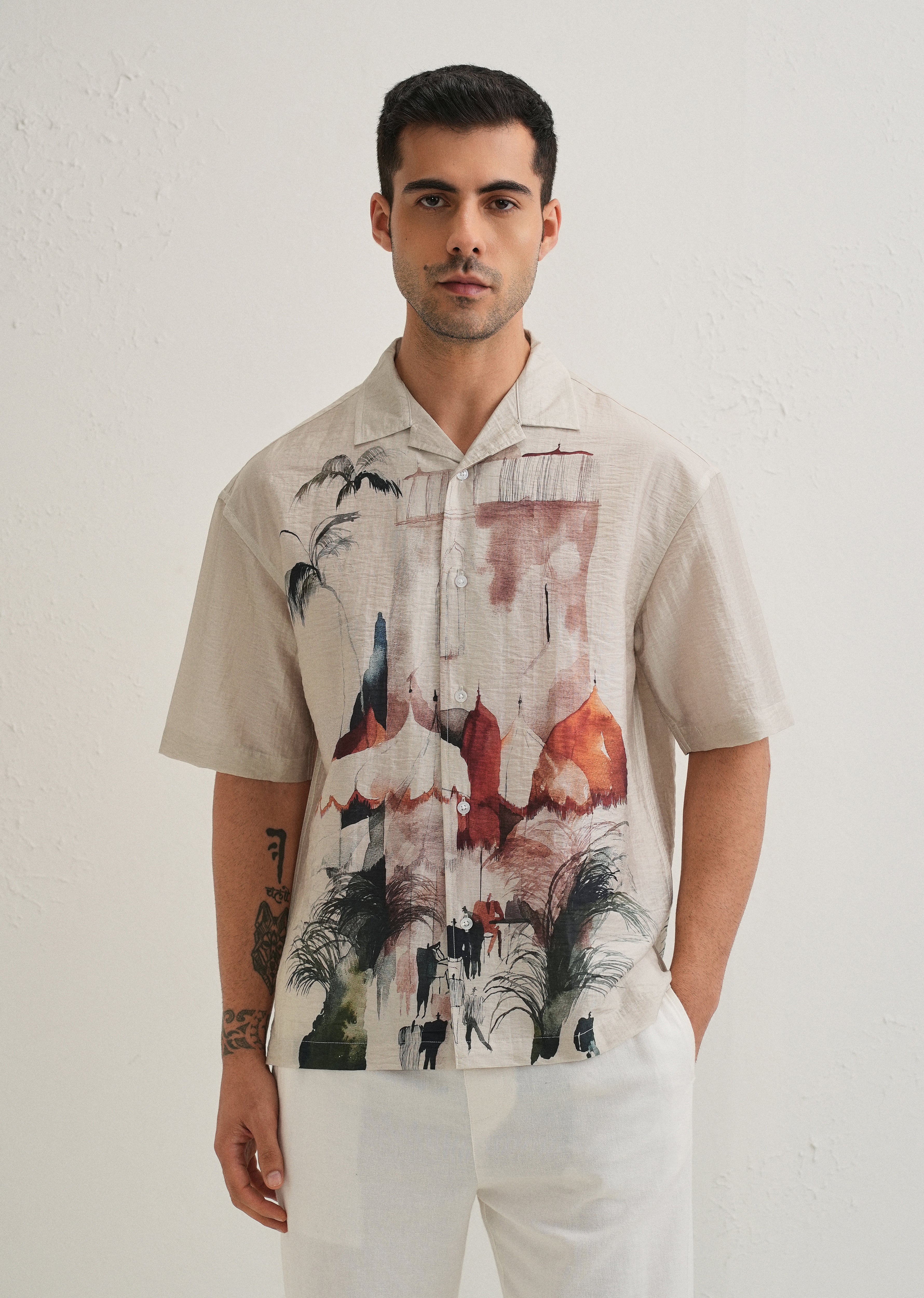 Ecru Wash Placement Print Shirt