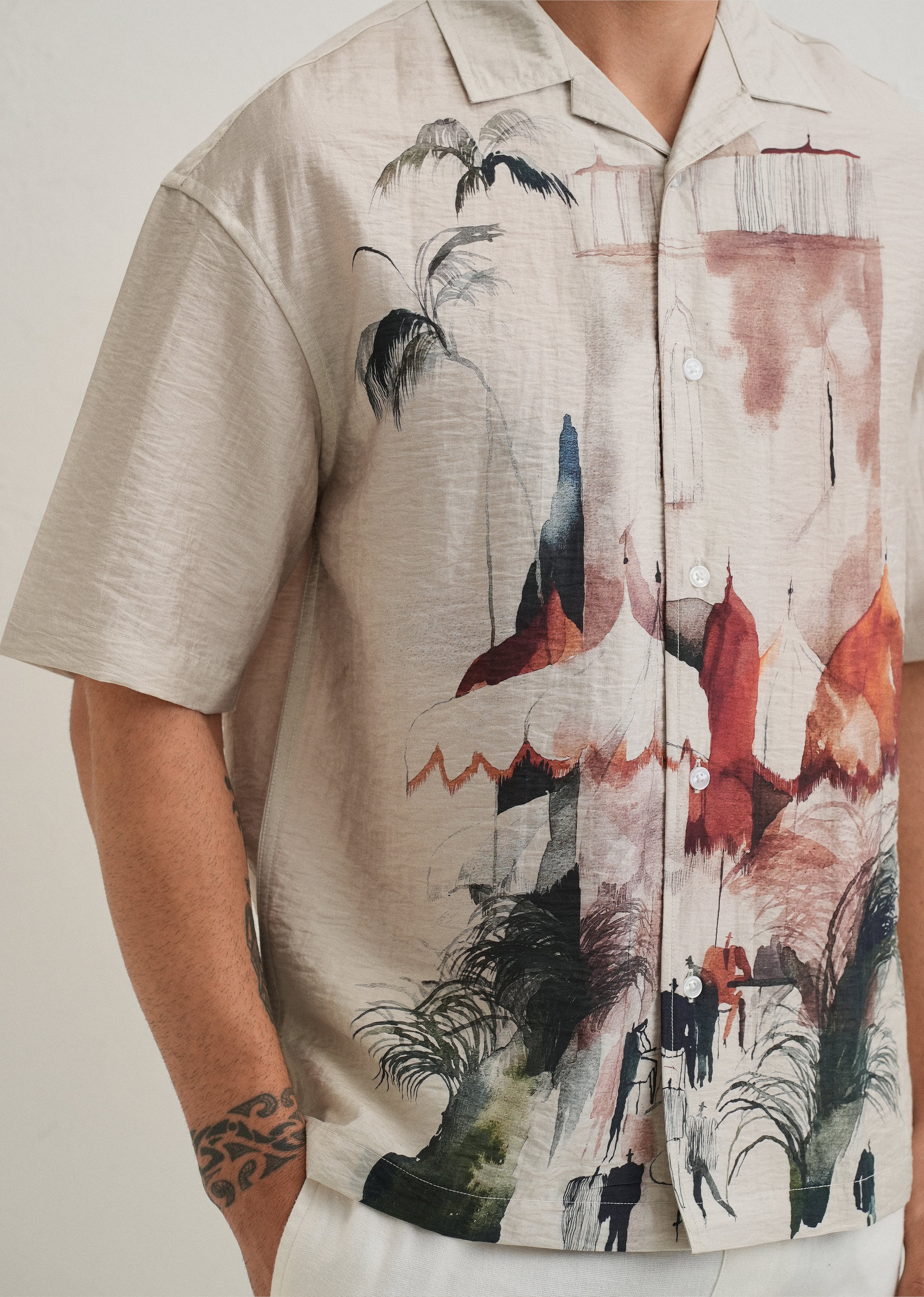 Ecru Wash Placement Print Shirt