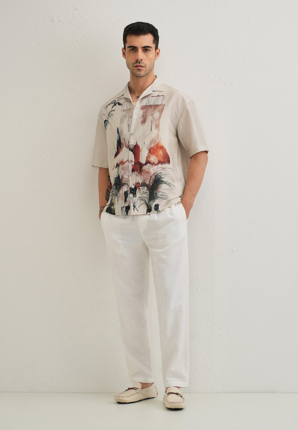 Ecru Wash Placement Print Shirt