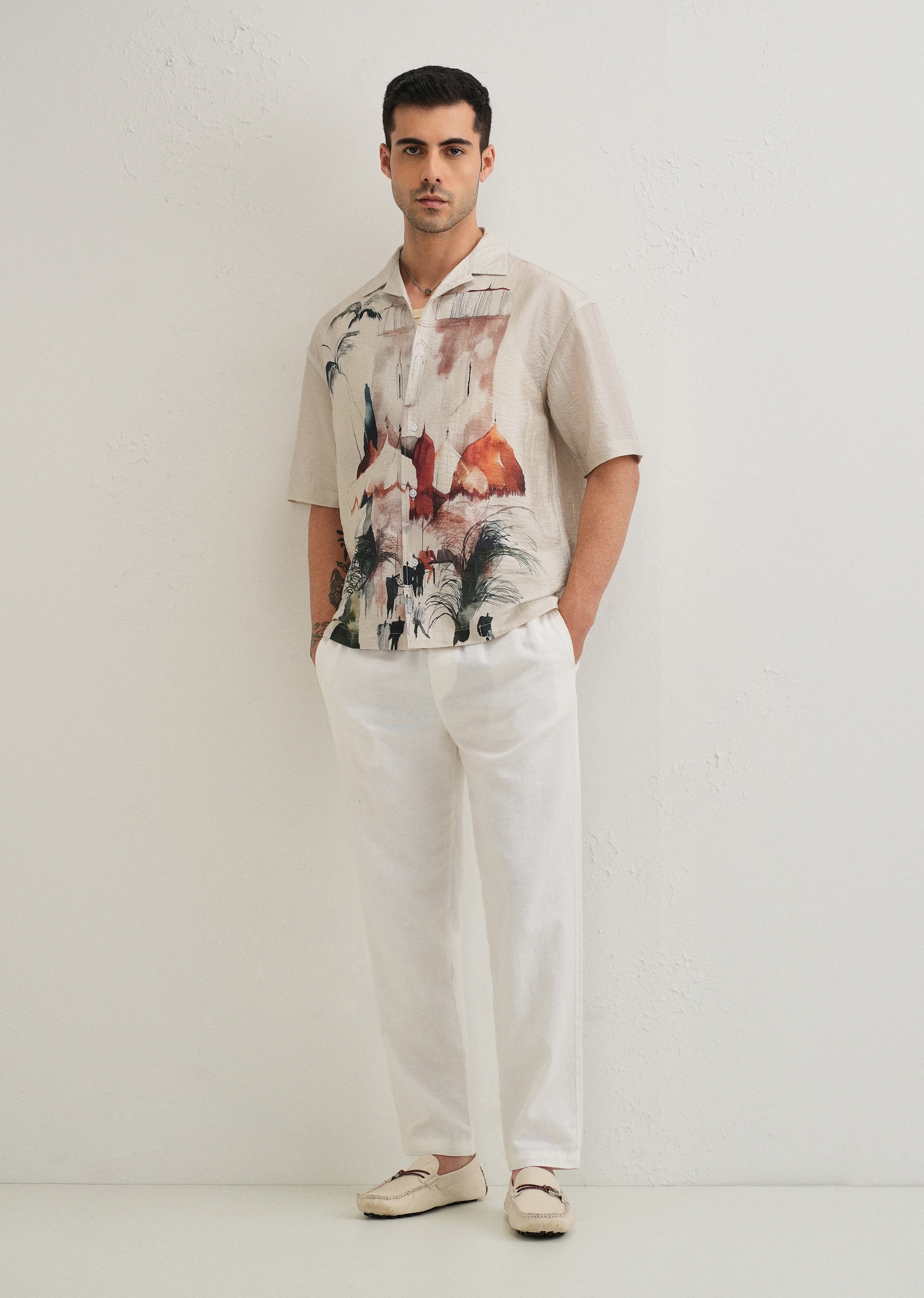 Ecru Wash Placement Print Shirt