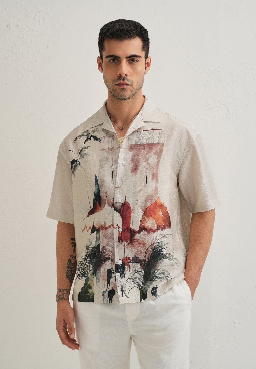 Ecru Wash Placement Print Shirt