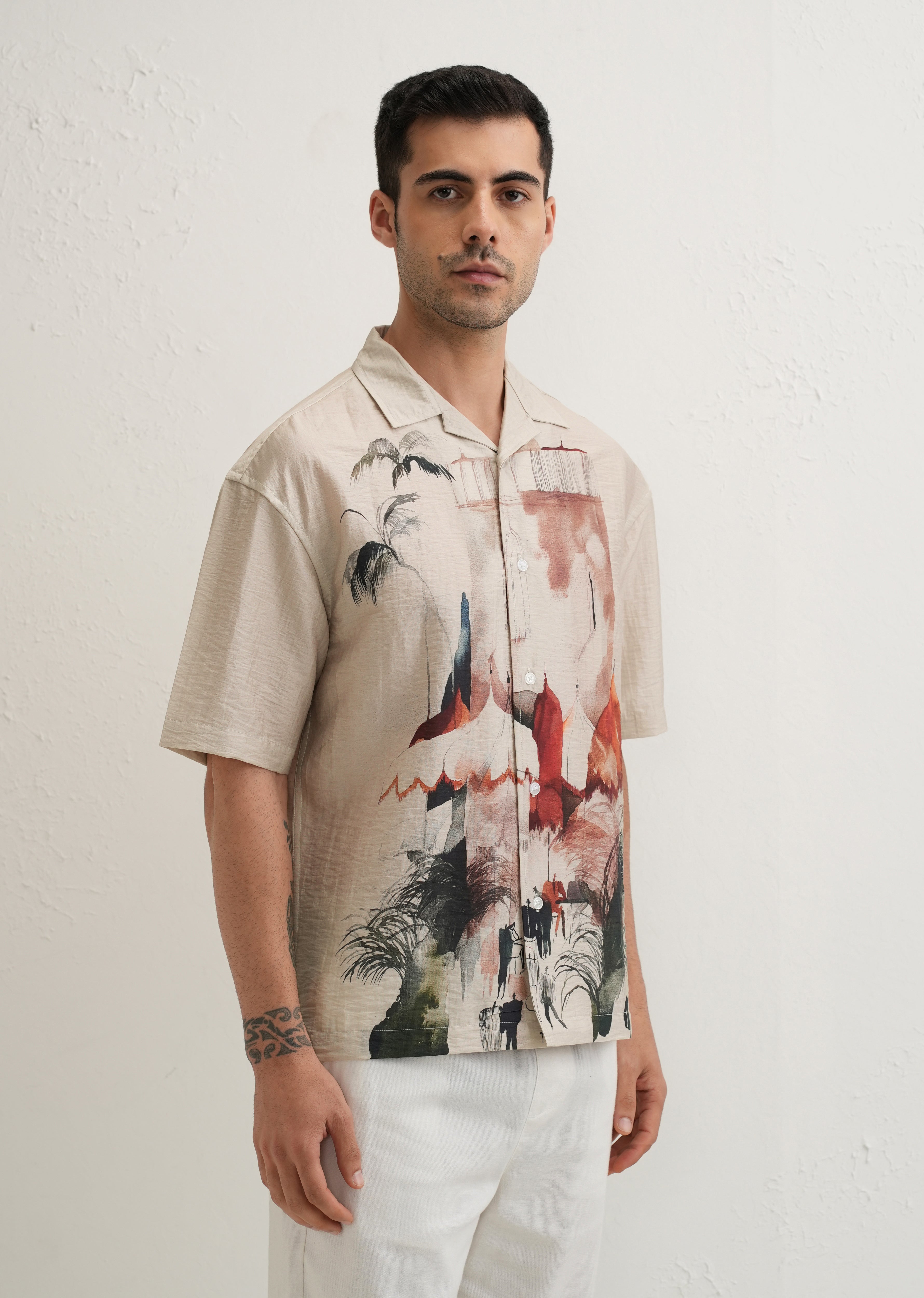 Ecru Wash Placement Print Shirt