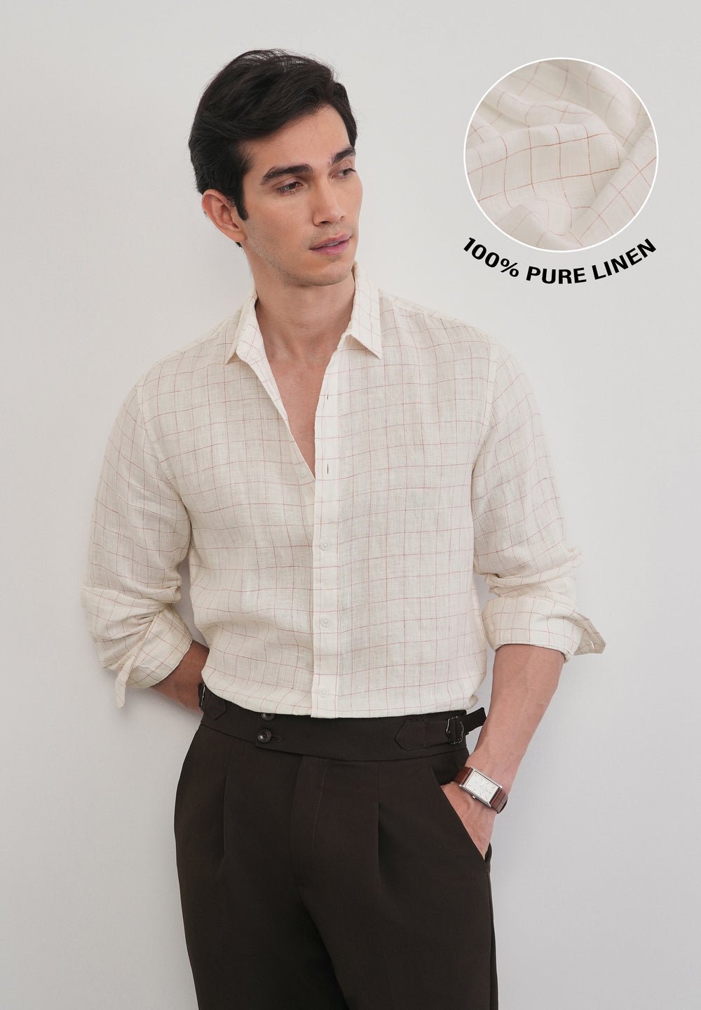Ecru 100% Pure Linen Check Shirt