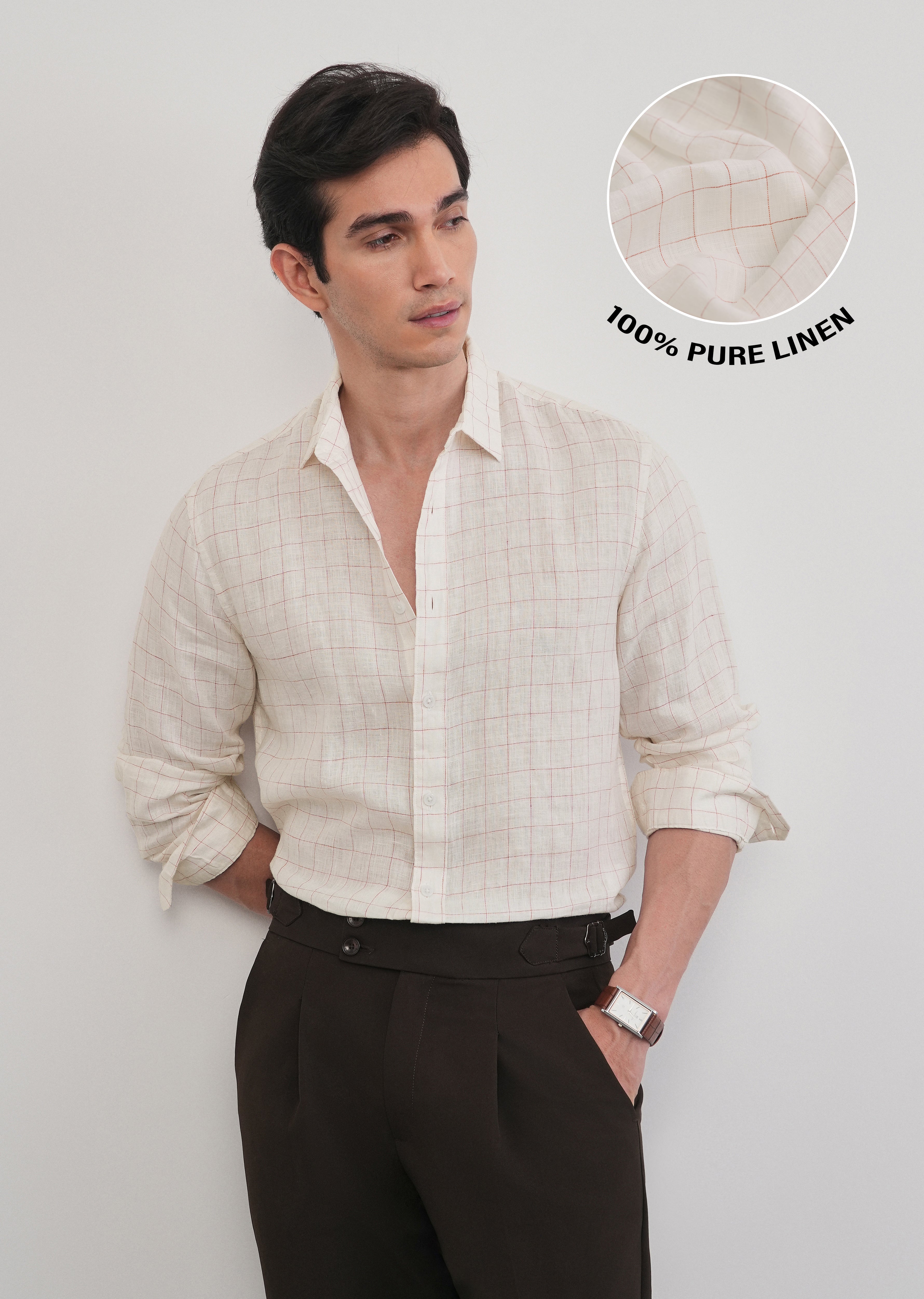 Ecru 100% Pure Linen Check Shirt