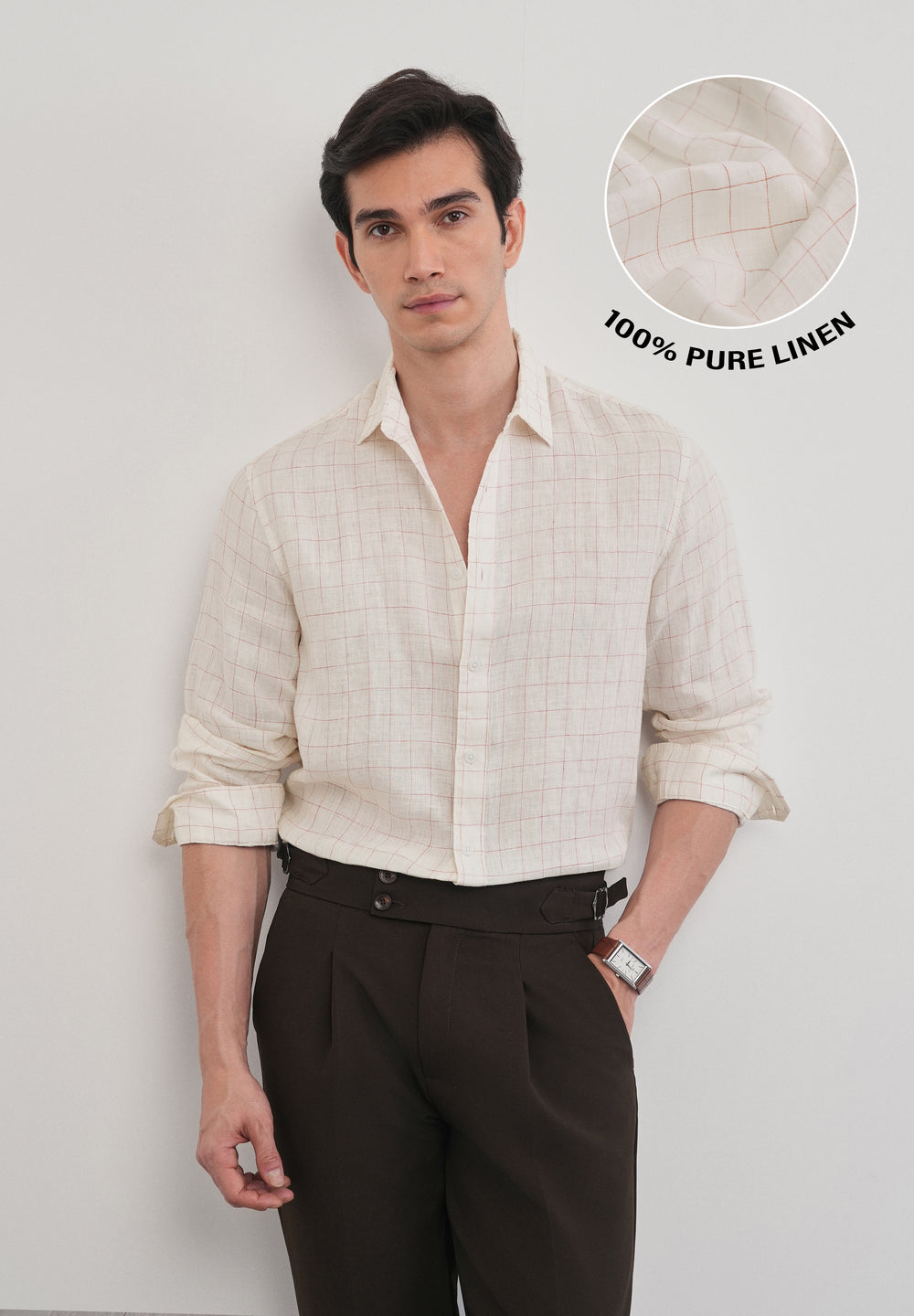 Ecru 100% Pure Linen Check Shirt