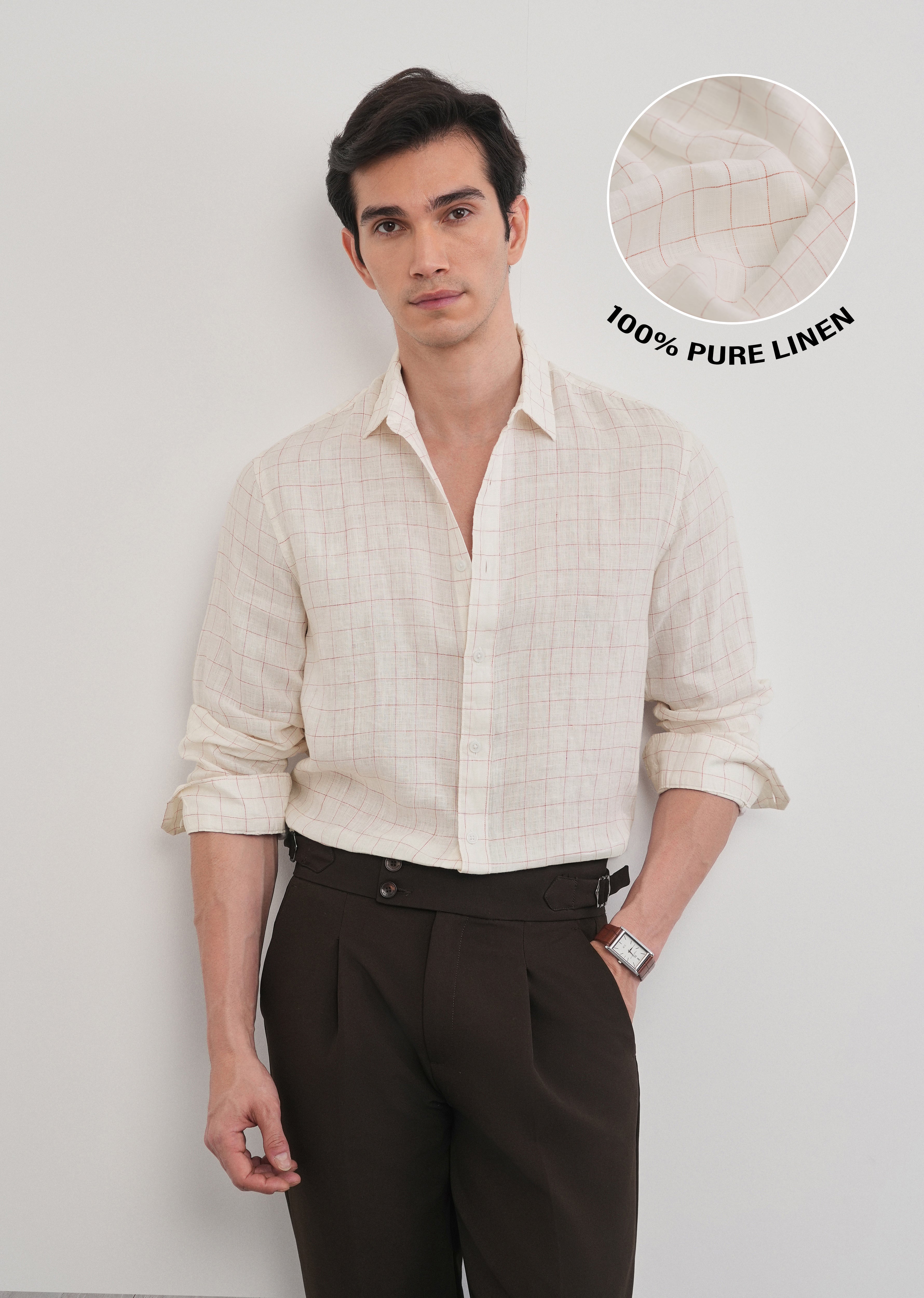 Ecru 100% Pure Linen Check Shirt