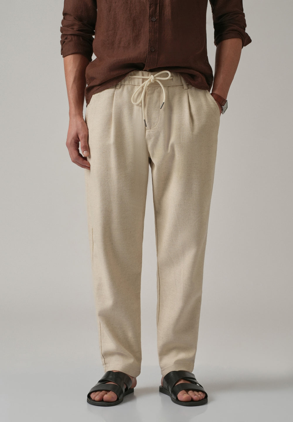 Ecru Beige Blended Linen Pant