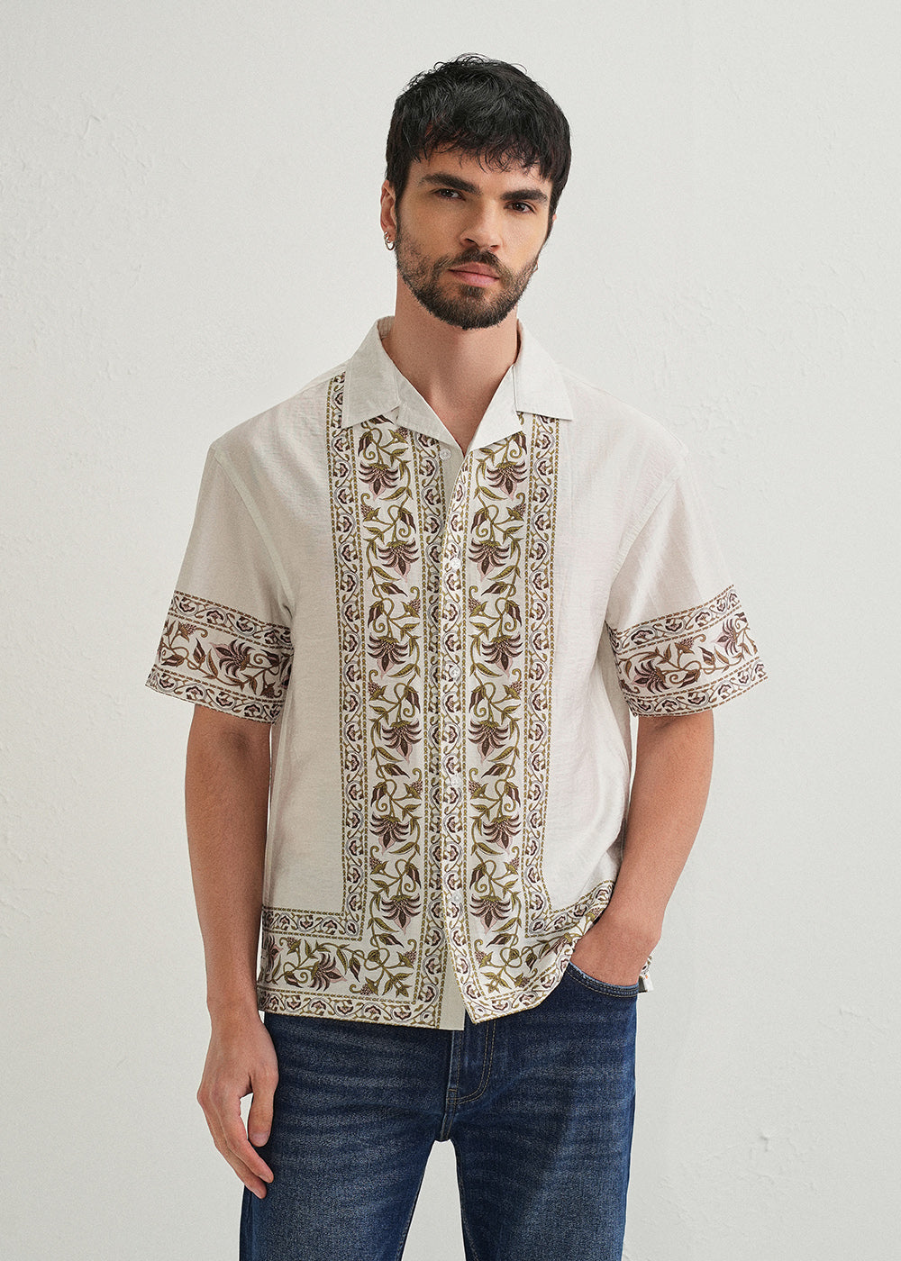 Ecru Floral Panel Printed Shirt