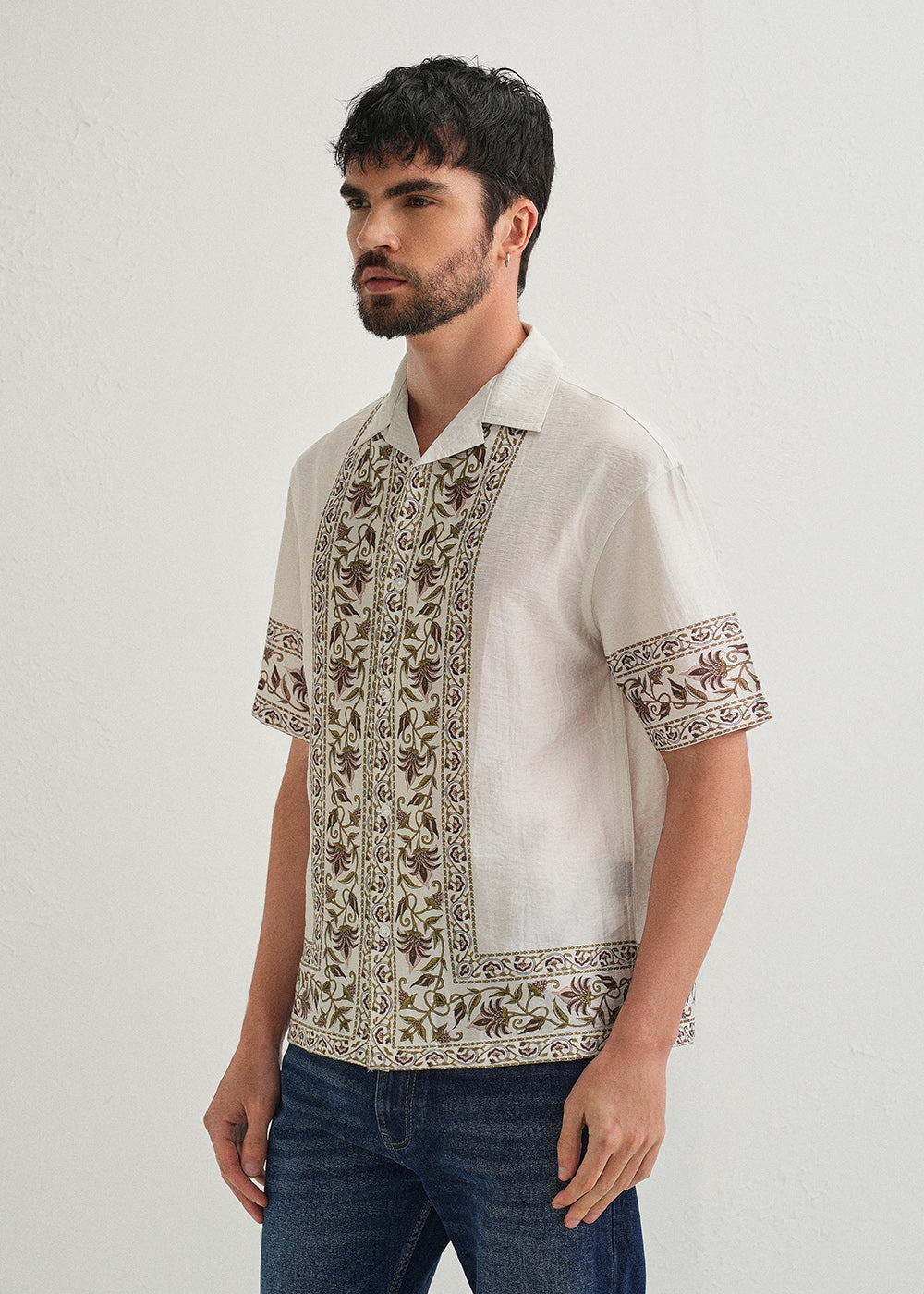 Ecru Floral Panel Printed Shirt