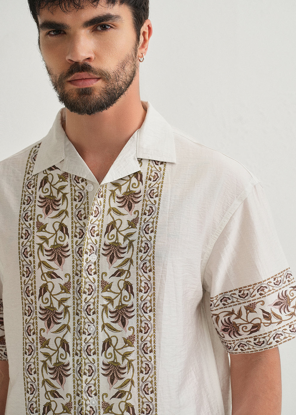 Ecru Floral Panel Printed Shirt