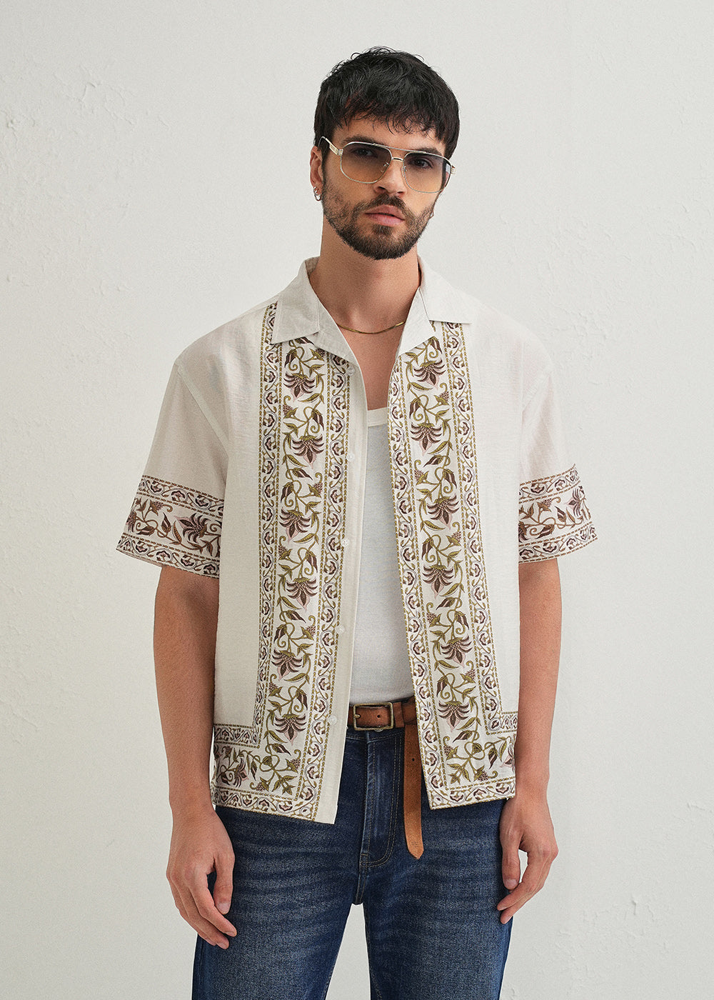 Ecru Floral Panel Printed Shirt