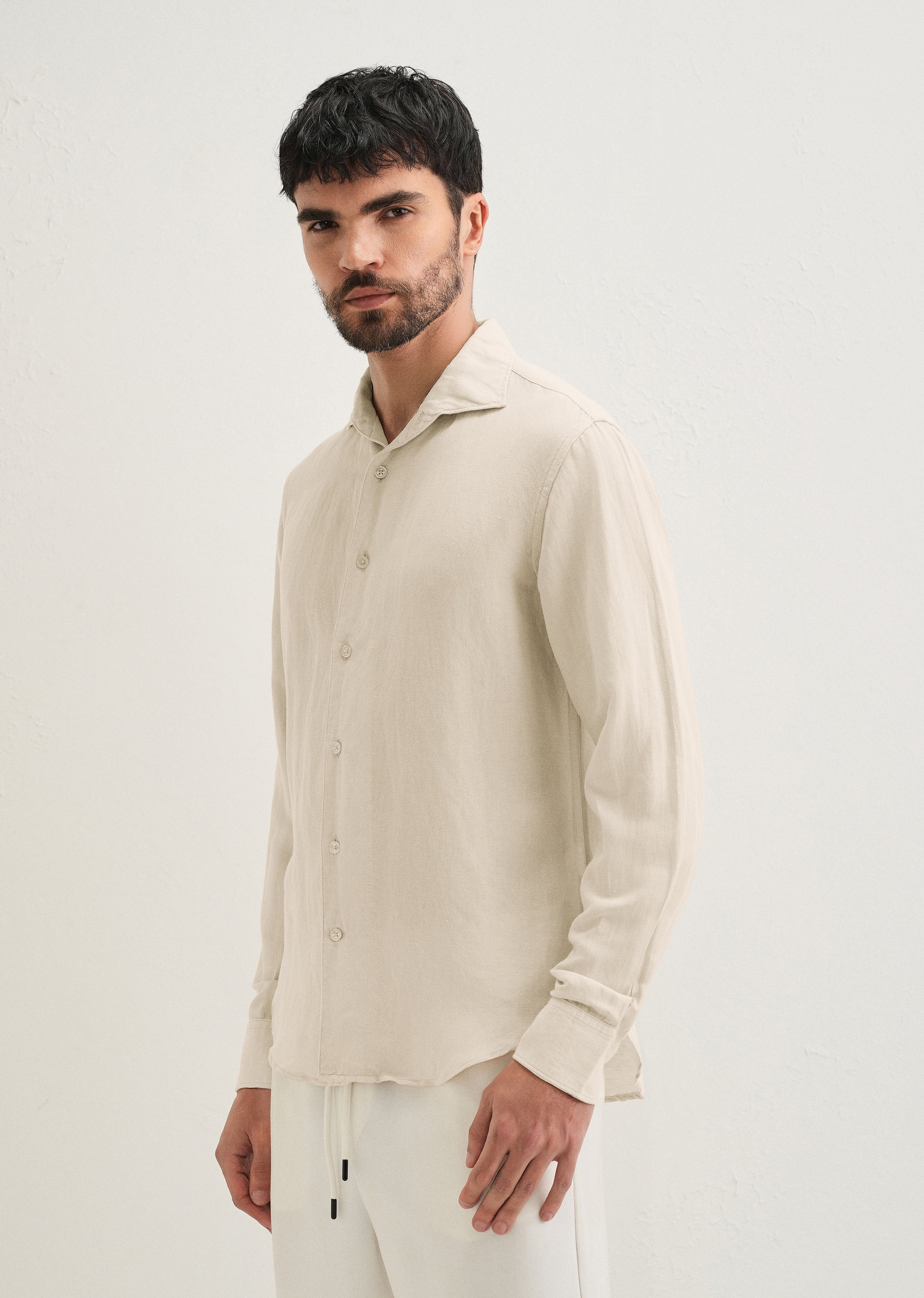 Ecru Plain Linen Viscose Shirt