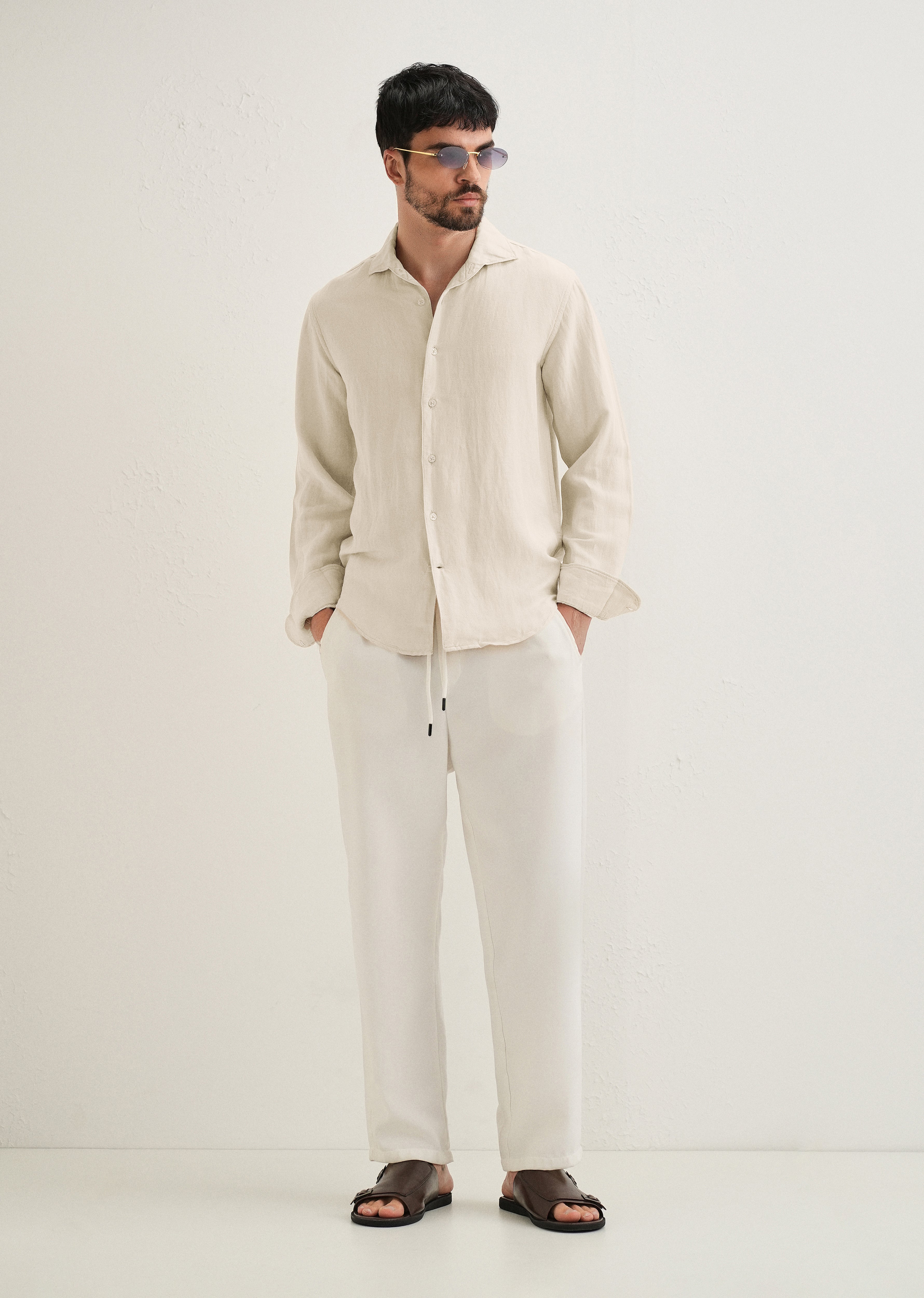 Ecru Plain Linen Viscose Shirt