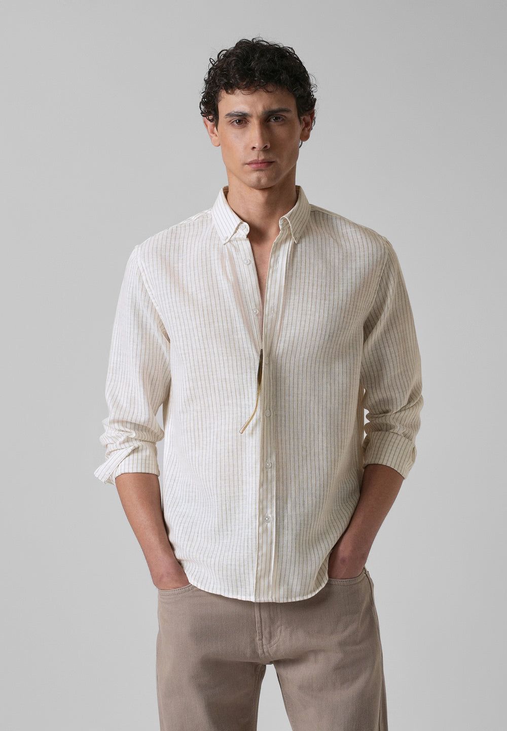 Elegant khaki Stripe Blended Linen shirt