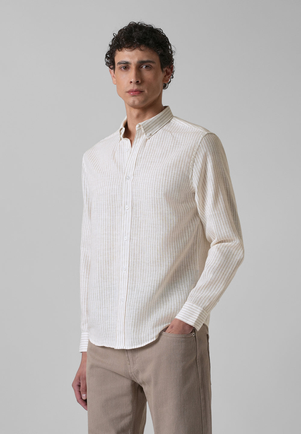 Elegant khaki Stripe Blended Linen shirt