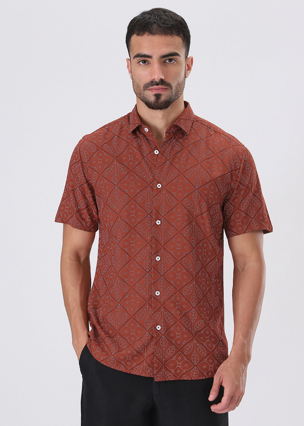 Emblematic Maroon Leaf Print Half Sleeve Shirt