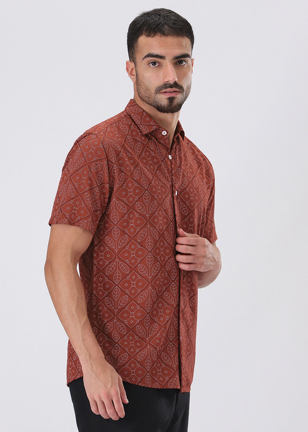 Emblematic Maroon Leaf Print Half Sleeve Shirt