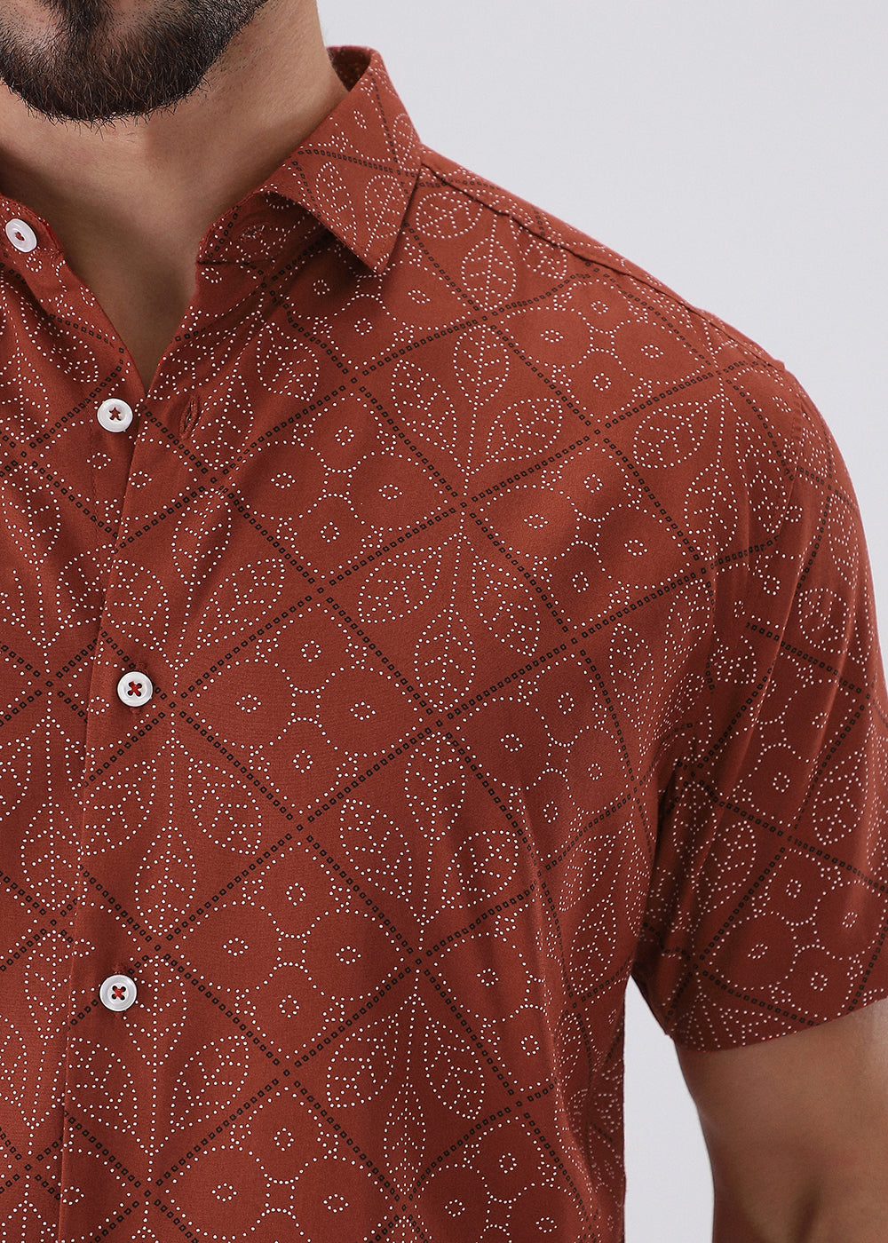 Emblematic Maroon Leaf Print Half Sleeve Shirt