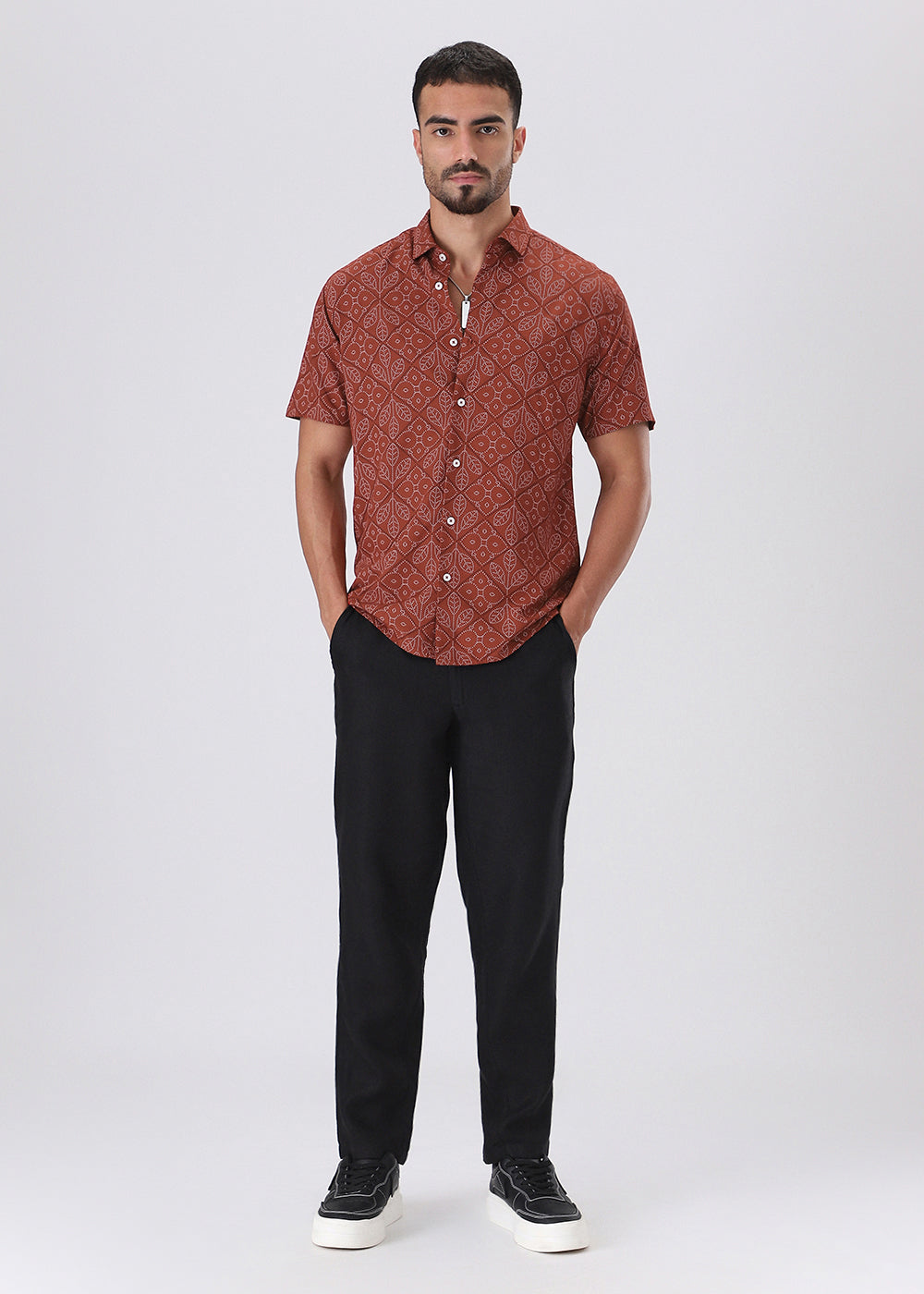 Emblematic Maroon Leaf Print Half Sleeve Shirt