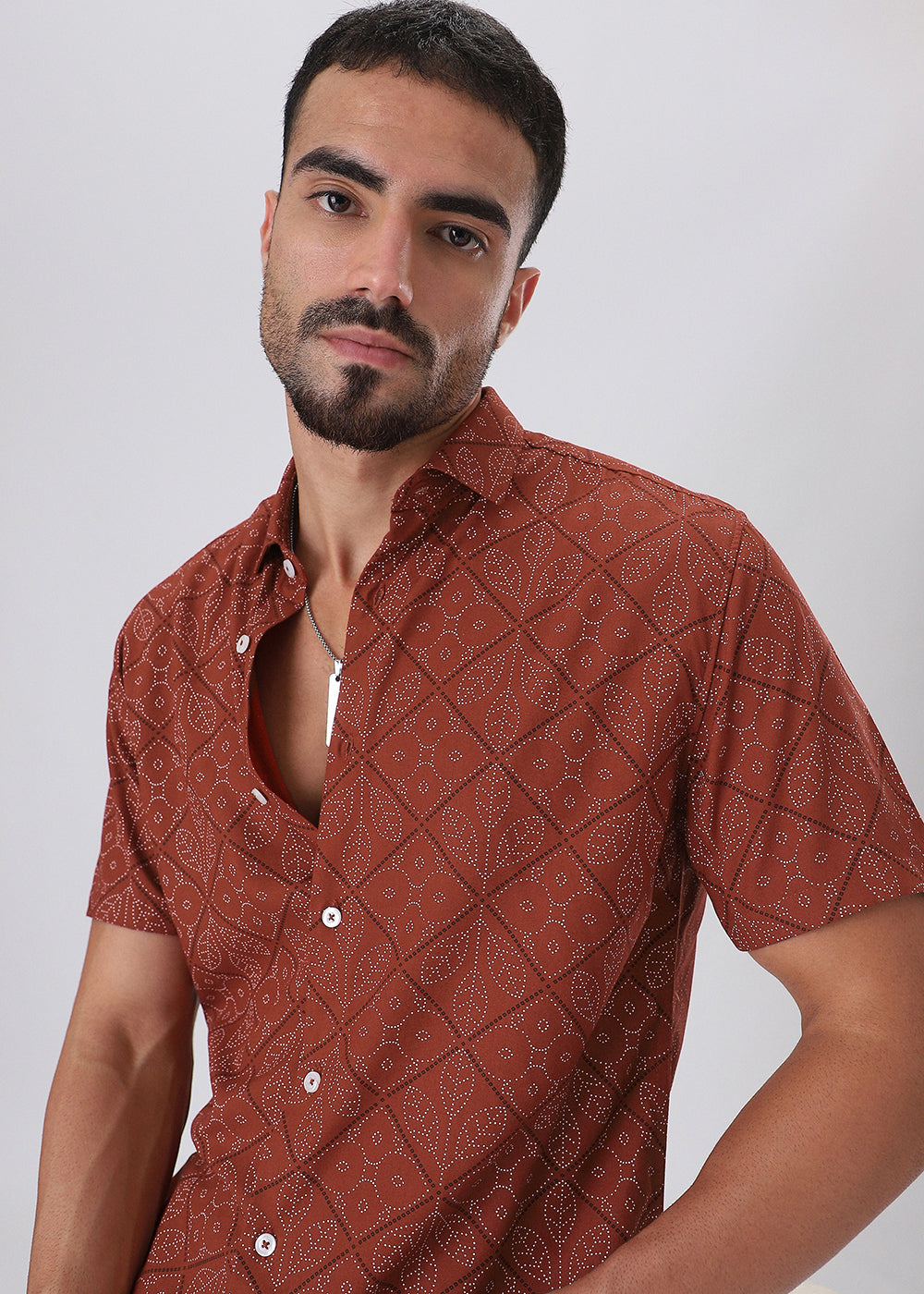 Emblematic Maroon Leaf Print Half Sleeve Shirt