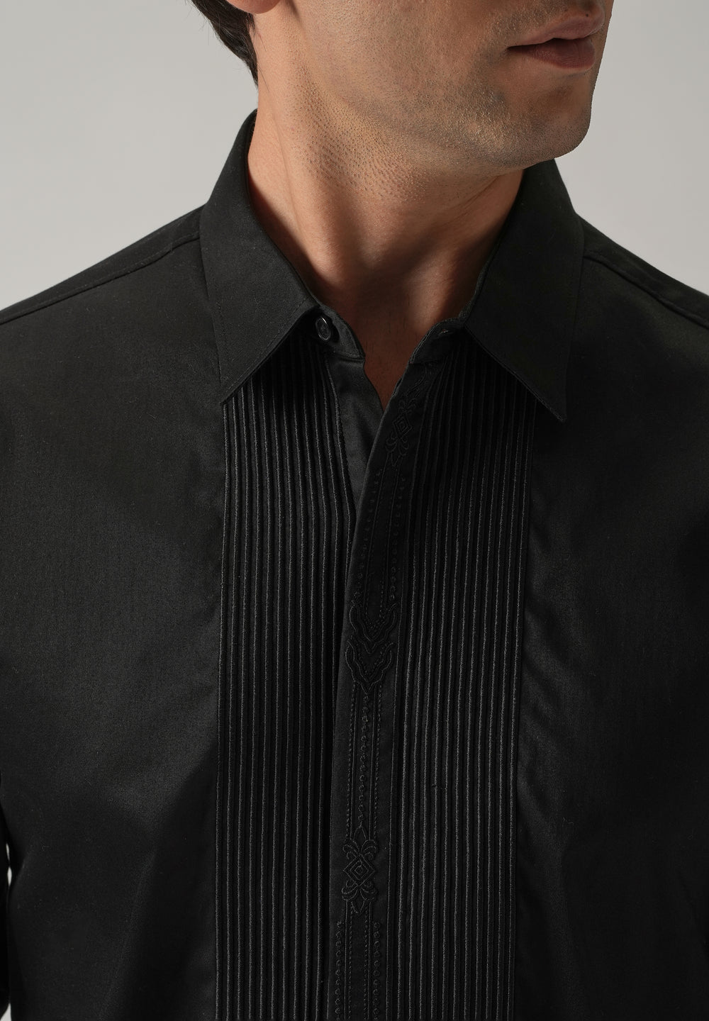 Embroidered Panel Black Designer Shirt
