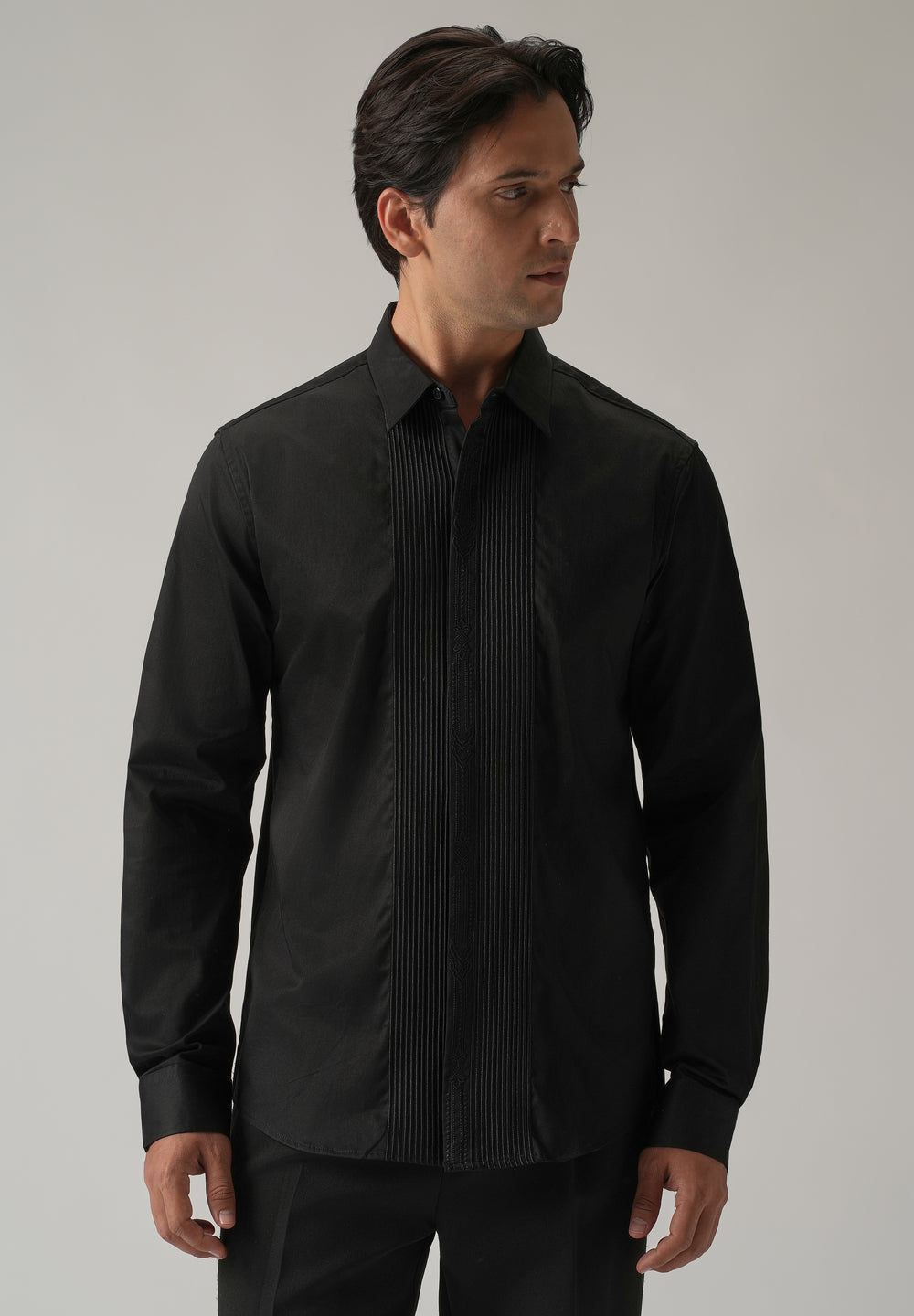 Embroidered Panel Black Designer Shirt