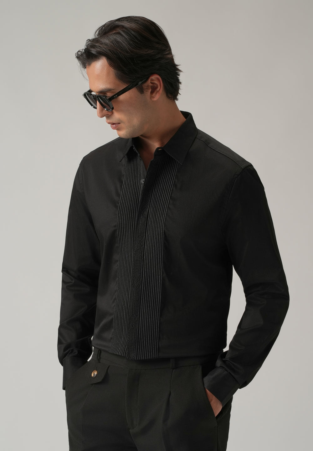 Embroidered Panel Black Designer Shirt
