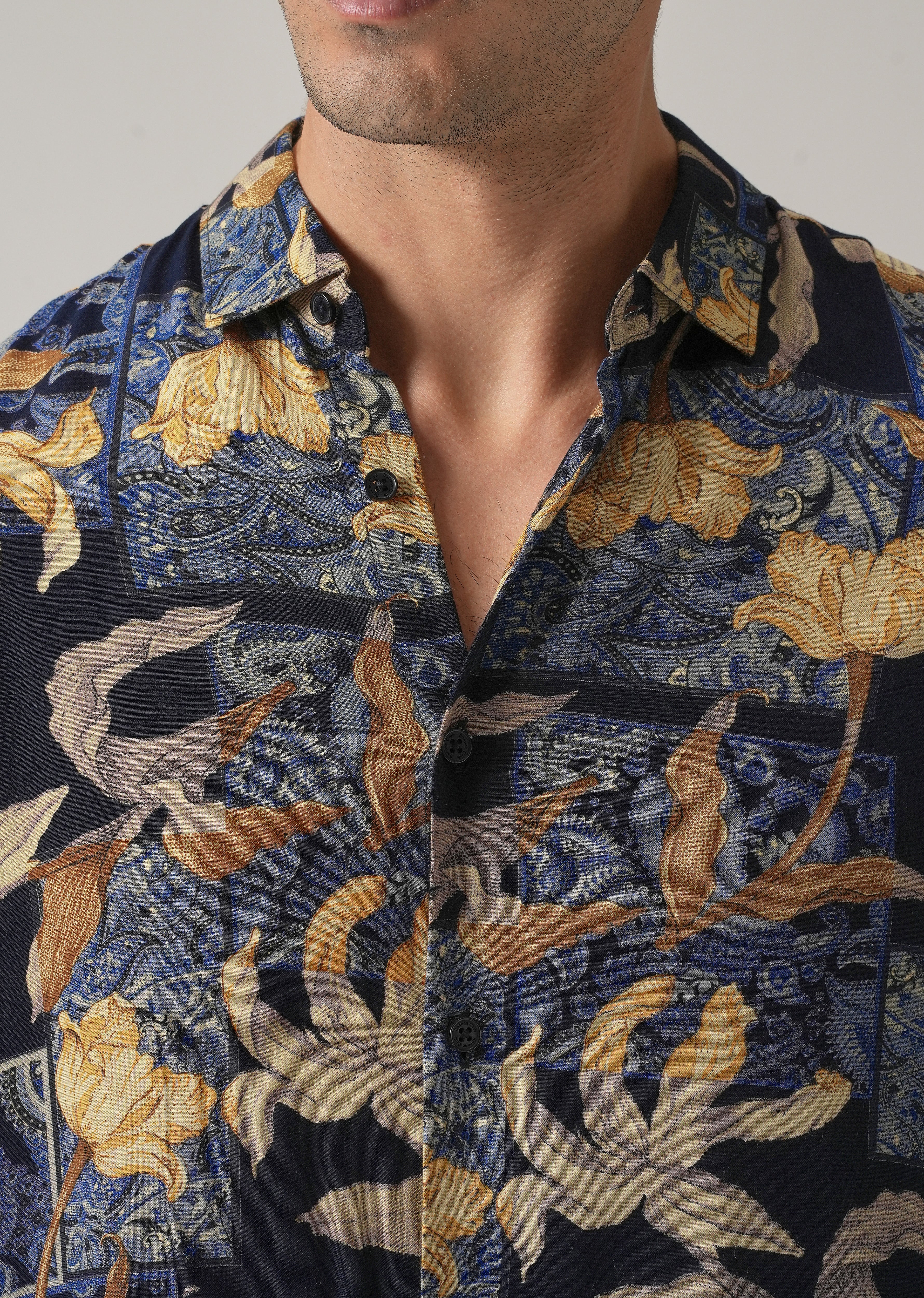 Blue Exotic Lily Print Feather Shirt