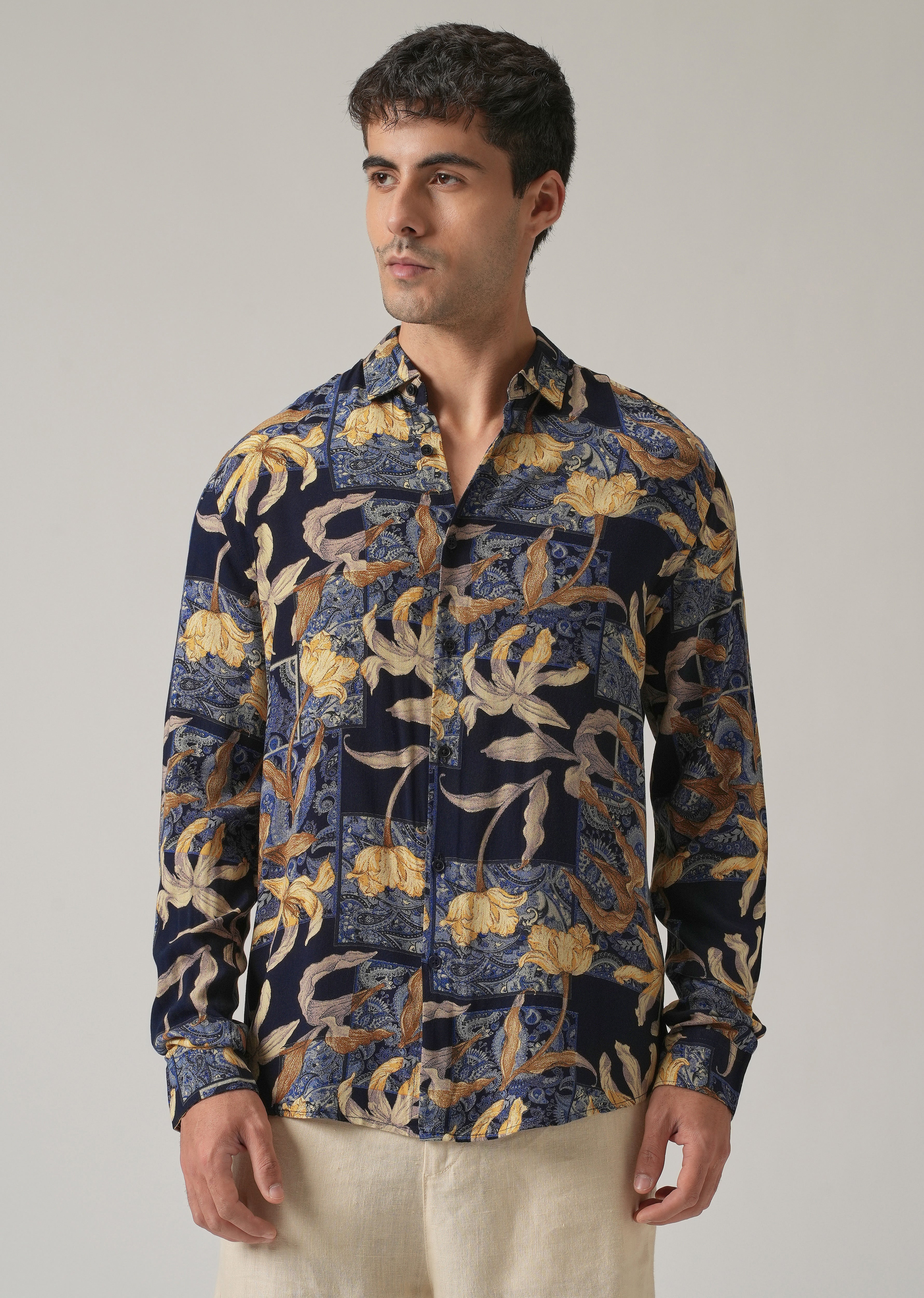 Blue Exotic Lily Print Feather Shirt