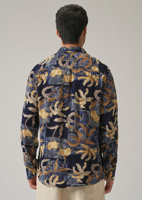 Blue Exotic Lily Print Feather Shirt