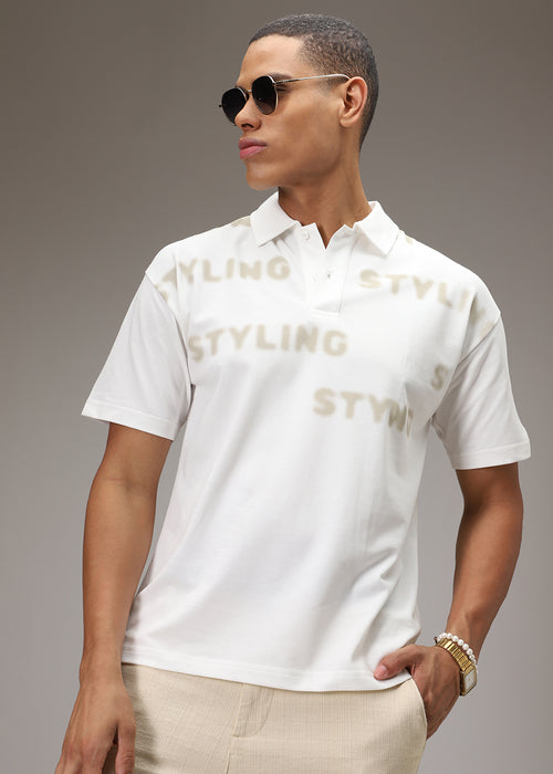 Faded Print White Polo T-shirt