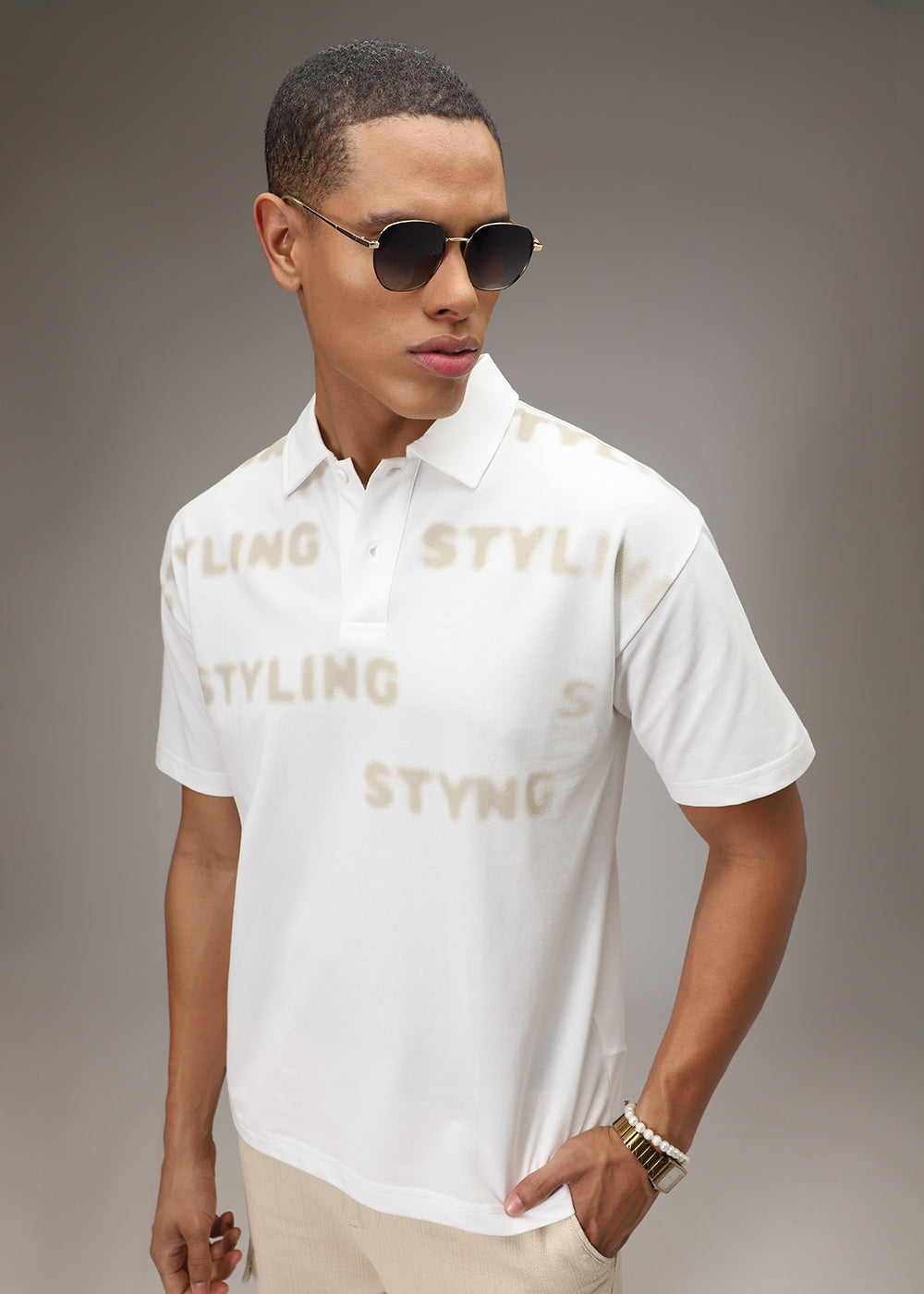 Faded Print White Polo T-shirt