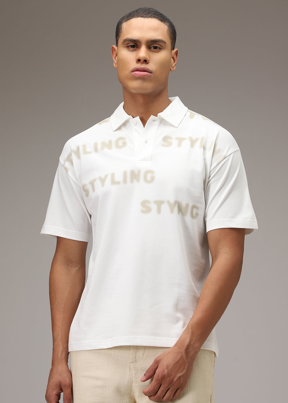 Faded Print White Polo T-shirt