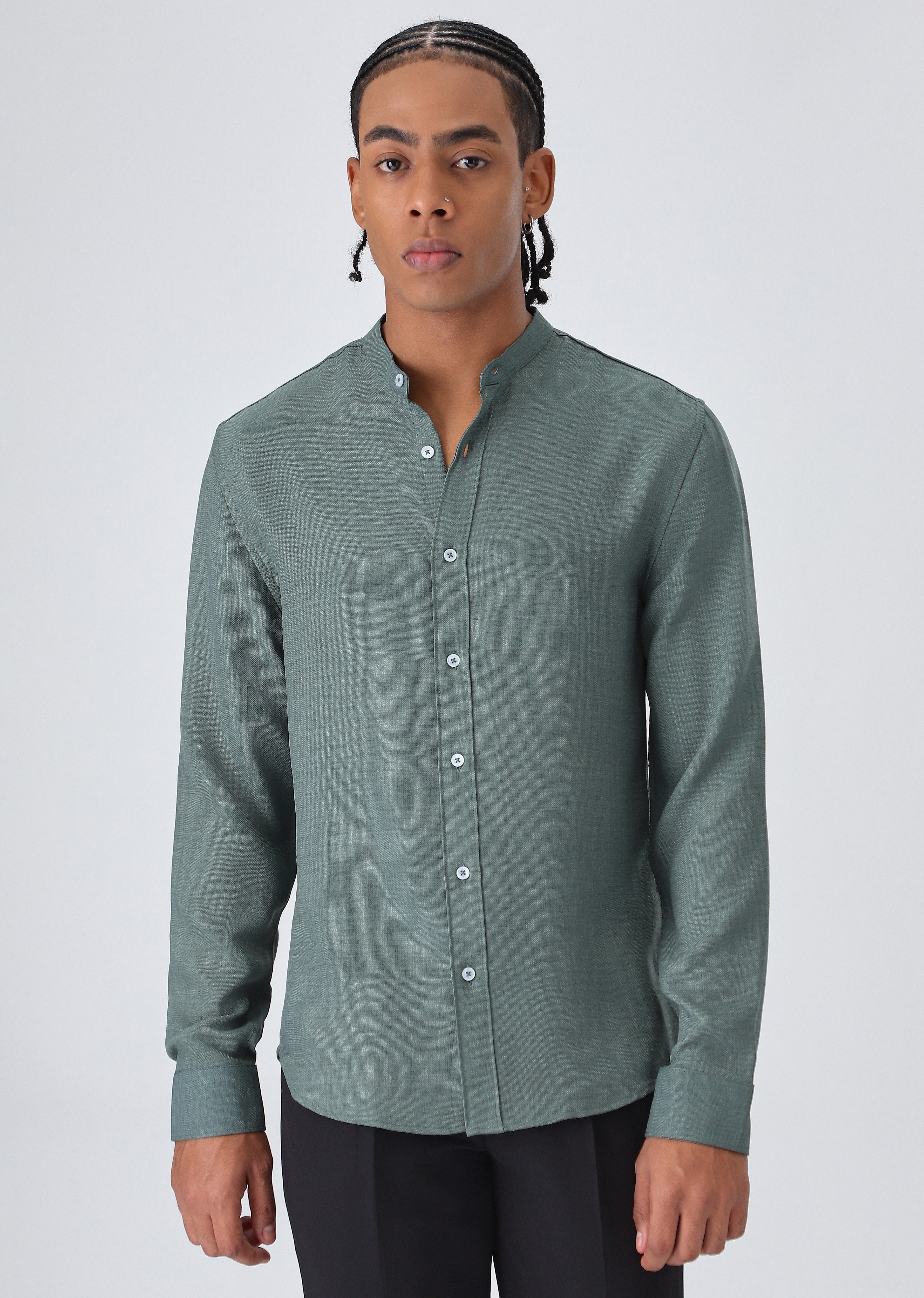 Fern Green Plain Mandarin Collar Shirt