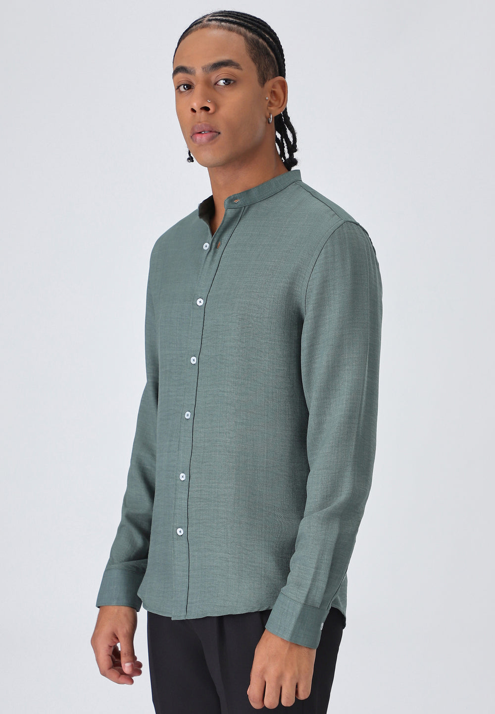 Fern Green Plain Mandarin Collar Shirt