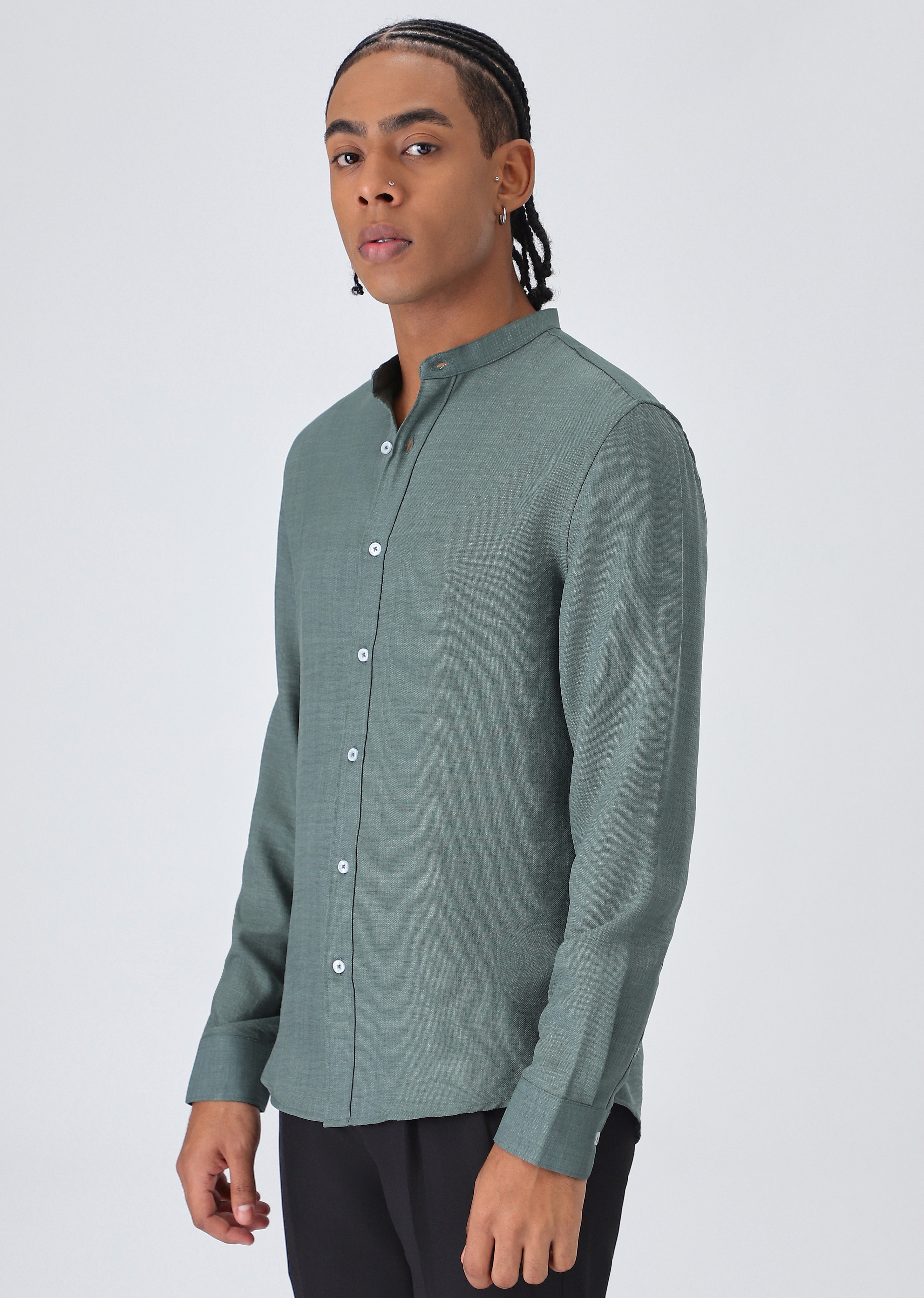 Fern Green Plain Mandarin Collar Shirt