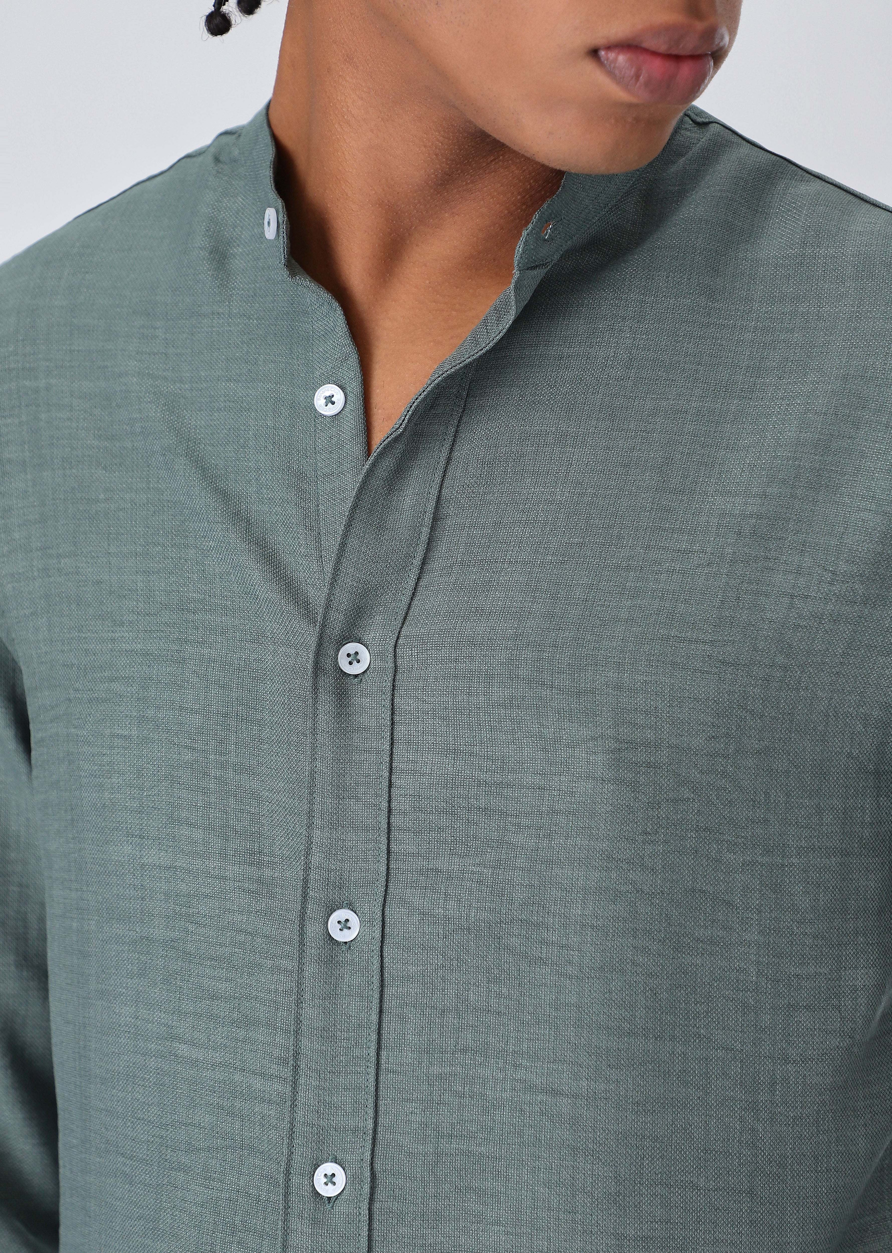 Fern Green Plain Mandarin Collar Shirt