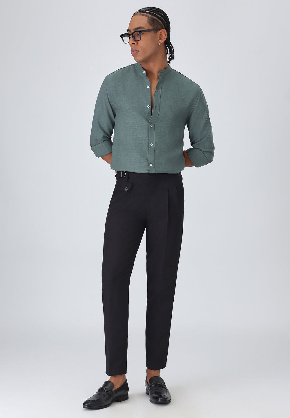Fern Green Plain Mandarin Collar Shirt