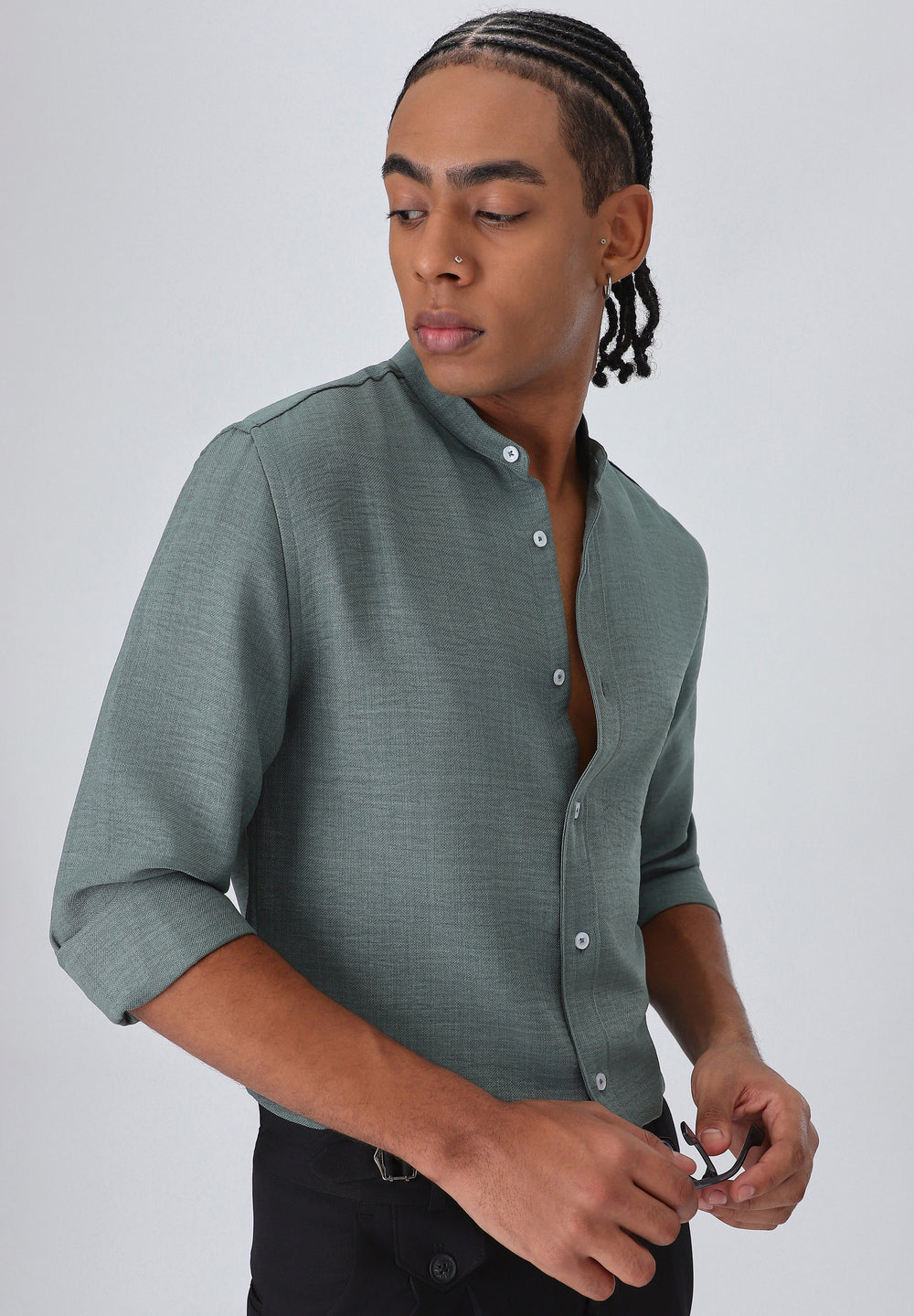 Fern Green Plain Mandarin Collar Shirt