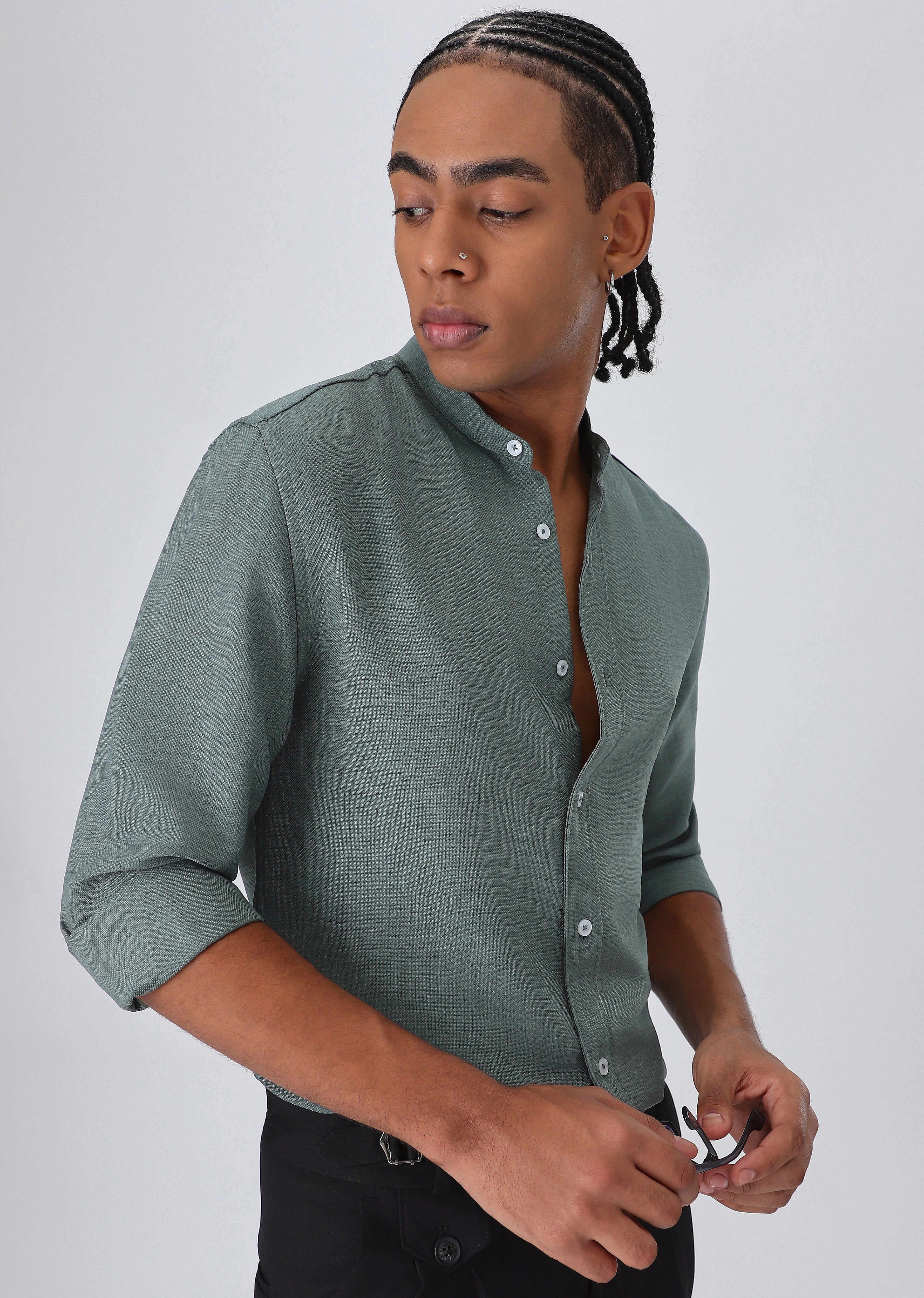 Fern Green Plain Mandarin Collar Shirt