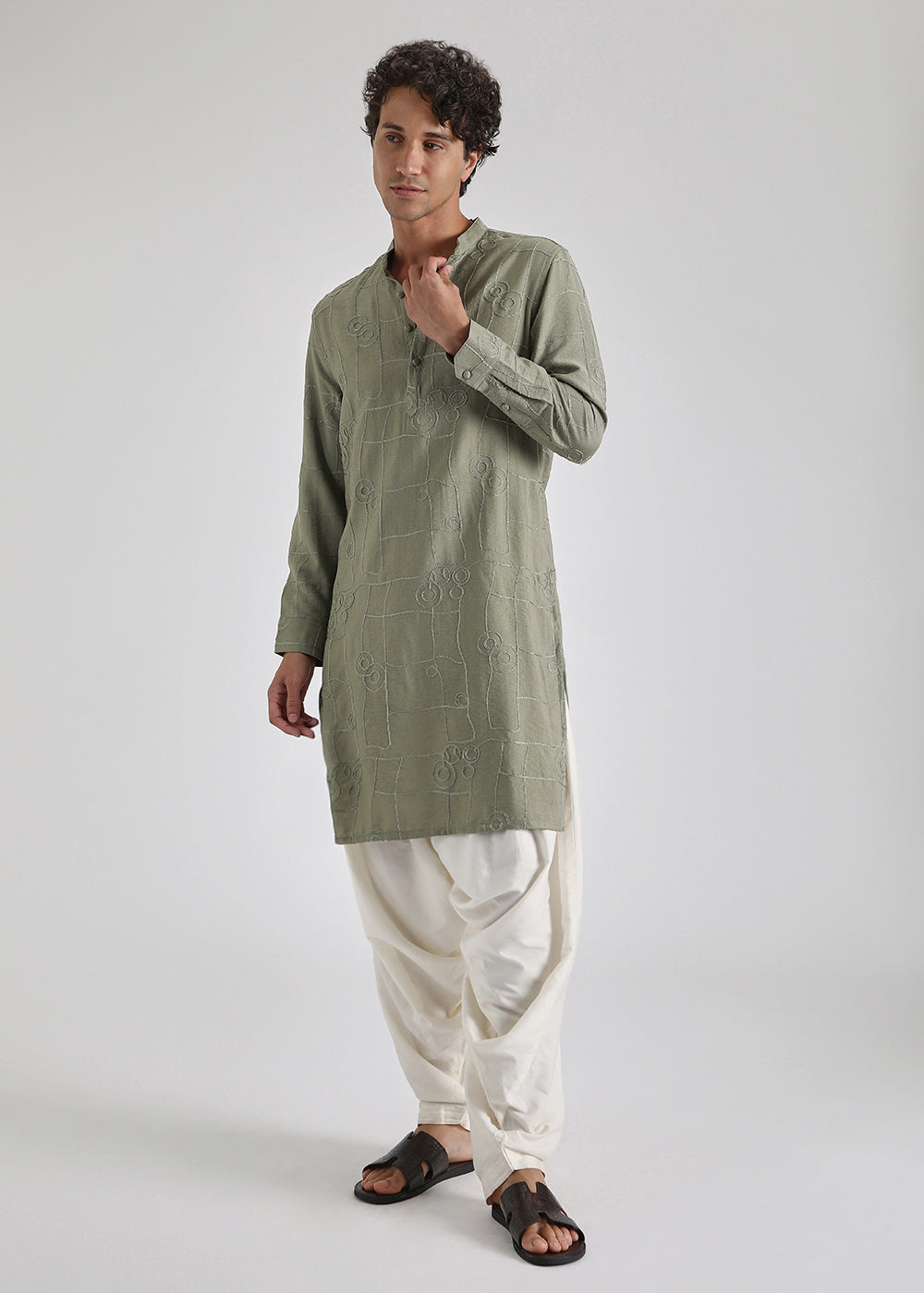 Fern Green Self Embroidered Kurta