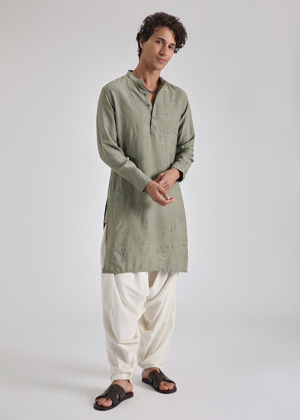 Fern Green Self Embroidered Kurta